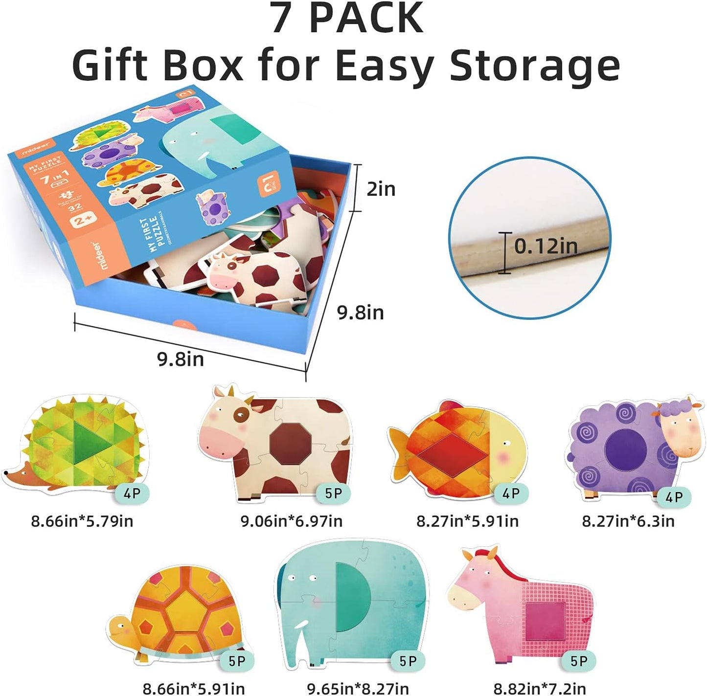 7 Pack Toddler Puzzles for Kids Ages 2-4, Jumbo Kids Puzzles Ages 3-5, Floor Puzzle for Beginner, Large Piece Animal Shaped Jigsaw Puzzles for Toddlers, Preschool Educational Toys for Babies