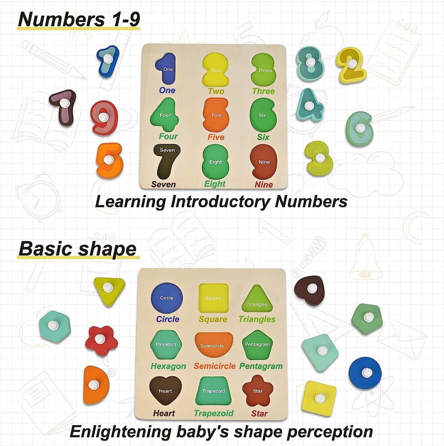 2pcs Wooden Puzzles for Toddlers 1-3, Learning Puzzles Board with Words, Educational Toys Ages 1 2 3, Jigsaw Peg Toddler Puzzles Ages 1-3