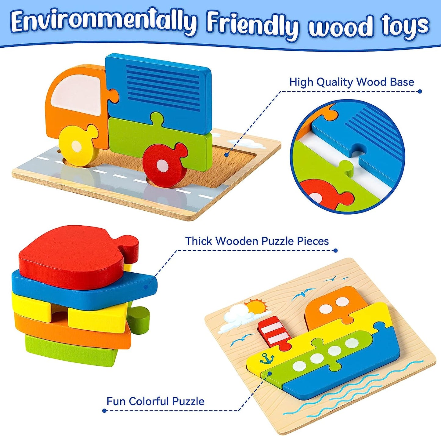 Wooden Vehicle Puzzles Toy Gift for 1, 2, 3 Years Old Boys Girls, Toddler Best Birthday Gift with 6 Vehicle Baby Color Shapes Learning Puzzles - Kids Educational Developmental Toys