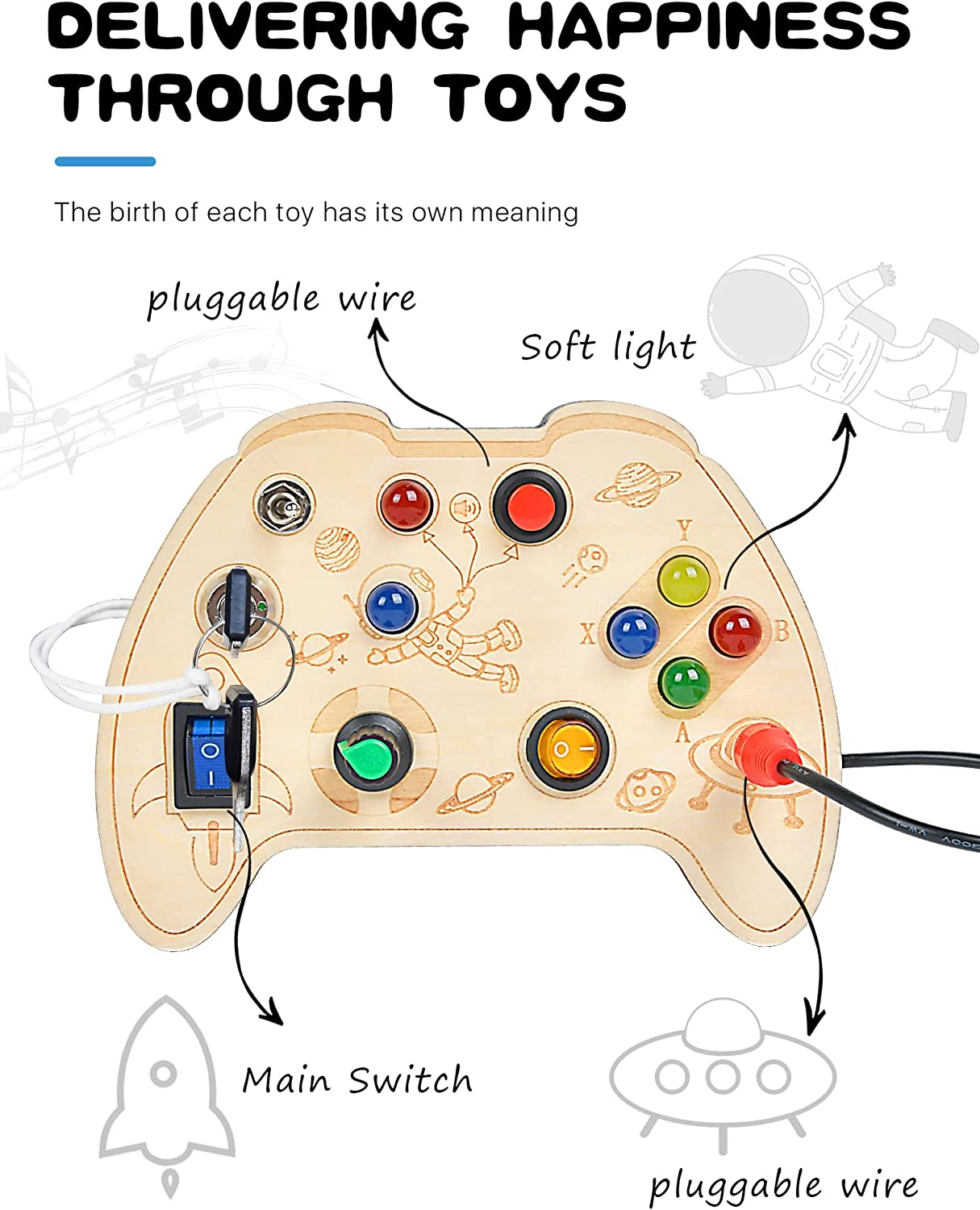 Busy Board Toy for 1 2 3 Year Old Boy, Wooden Controller Sensory Toy for Autistic Children with LED Light Up Buttons, Early Learning Fidget Toy Great for Gift