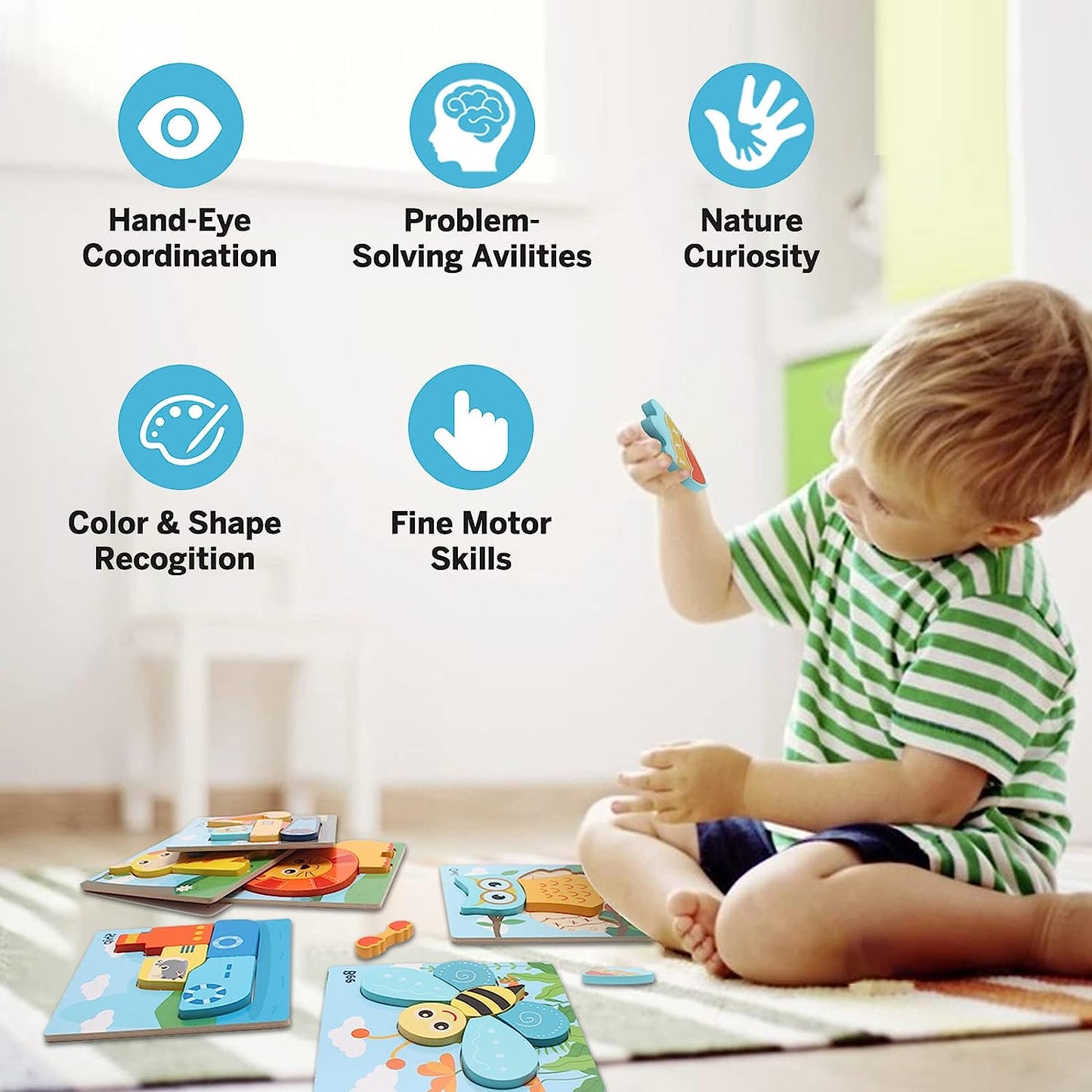 Wooden Puzzles for Toddlers 1-3, Wooden Jigsaw Puzzles for 1 2 3 Year Old Toddlers, 8 Pack Animal, Vehicle Puzzles Toys, Learning Educational Chris as Birthday Gifts for Girls Boys