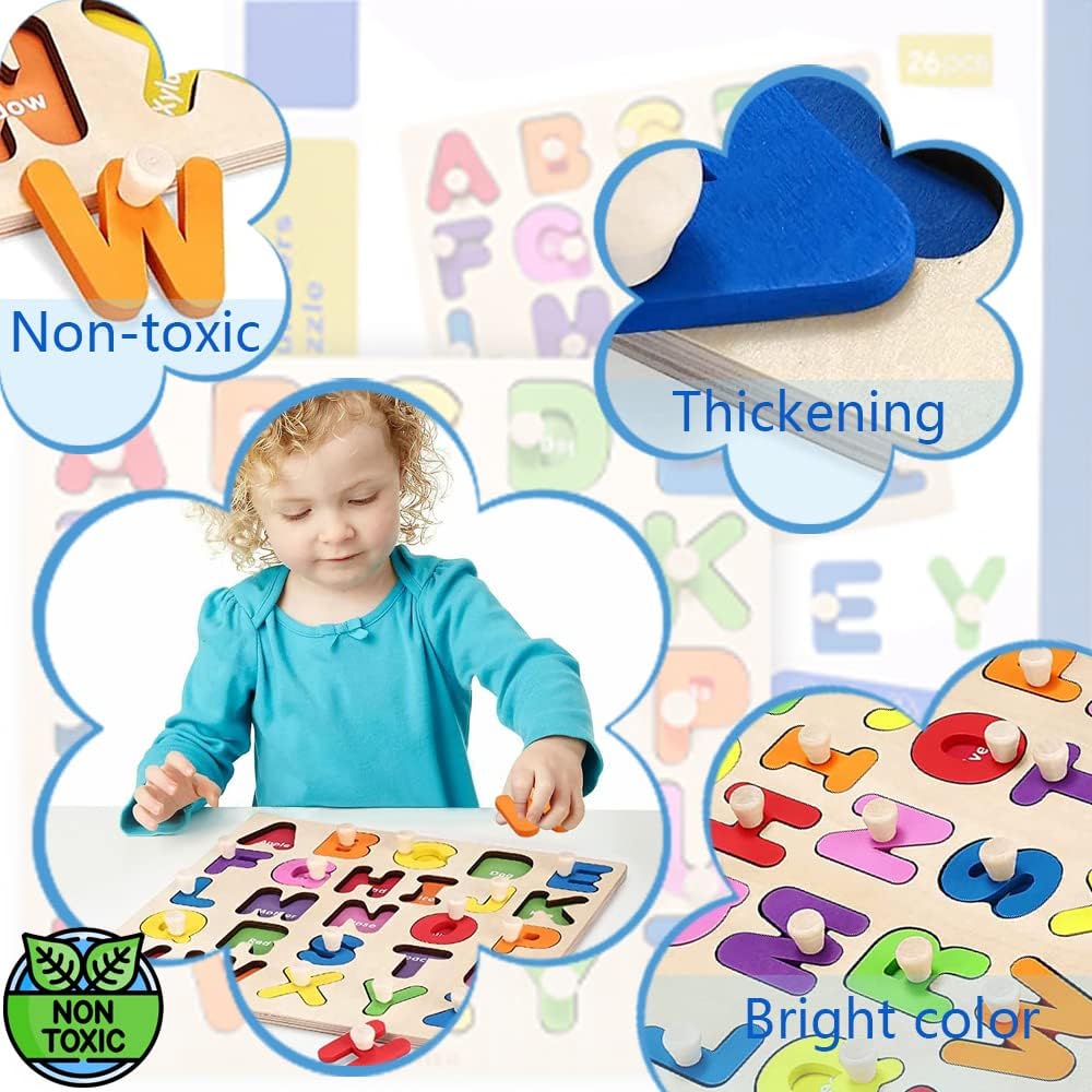 ABC Letters Sorting Preschool Learning Toys Board Blocks Alphabet Toys Preschool Puzzle Gifts for Kid ABC Wooden Alphabet Puzzles for Toddlers with Board Knob