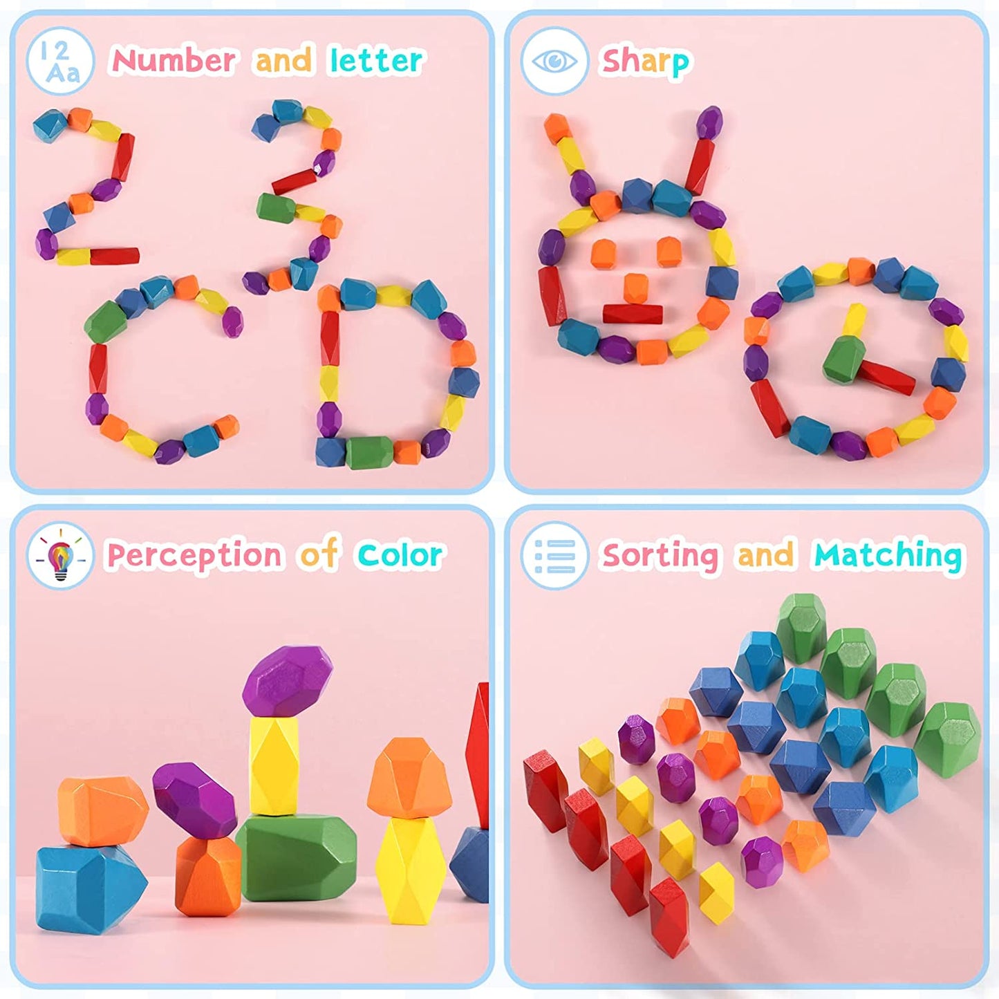 44PCS Sensory Toddler Wooden Stacking Rocks Toys for Boys & Girls Ages 3+ Year Old Building Blocks Preschool Educational STEM Toys for Kids Birthday Gifts Safe Creativity Rainbow Stones