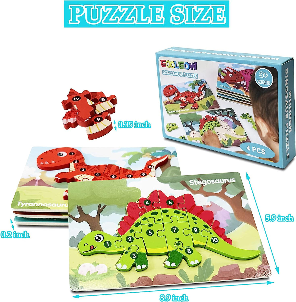 4-Pack Toddler Puzzles for Kids, Wooden Dinosaur Toys for Kids Ages 3-5, Toys for 1 2 3 Year Old, Toddler Toys Age 2-4, Dinosaur Puzzles Gifts for Boys and Girls