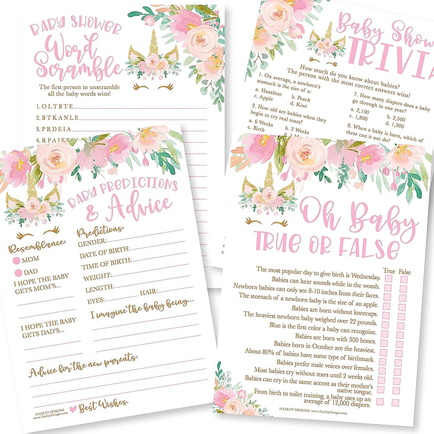 50 Unicorn Baby Shower Games For Girls - 4 Games Double Sided, Baby Prediction And Advice Cards, Baby Trivia, True Or False Baby Shower Game, Baby Word Scramble Baby Shower Game To Play