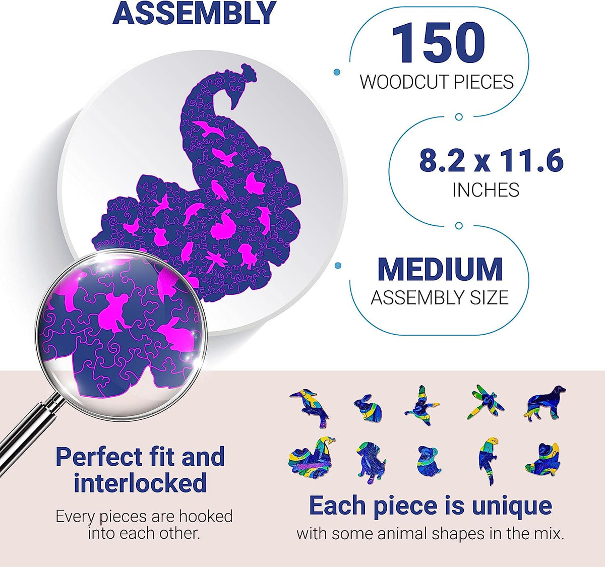 Dymier Wooden Puzzles for Adults - Unique Puzzle, Wood Cut Animal Shaped Puzzles 150 Pieces Extravagant Peacock - Challenging, Great Gift for Family and Friends, 8.2 by 11.6 inch, Blue