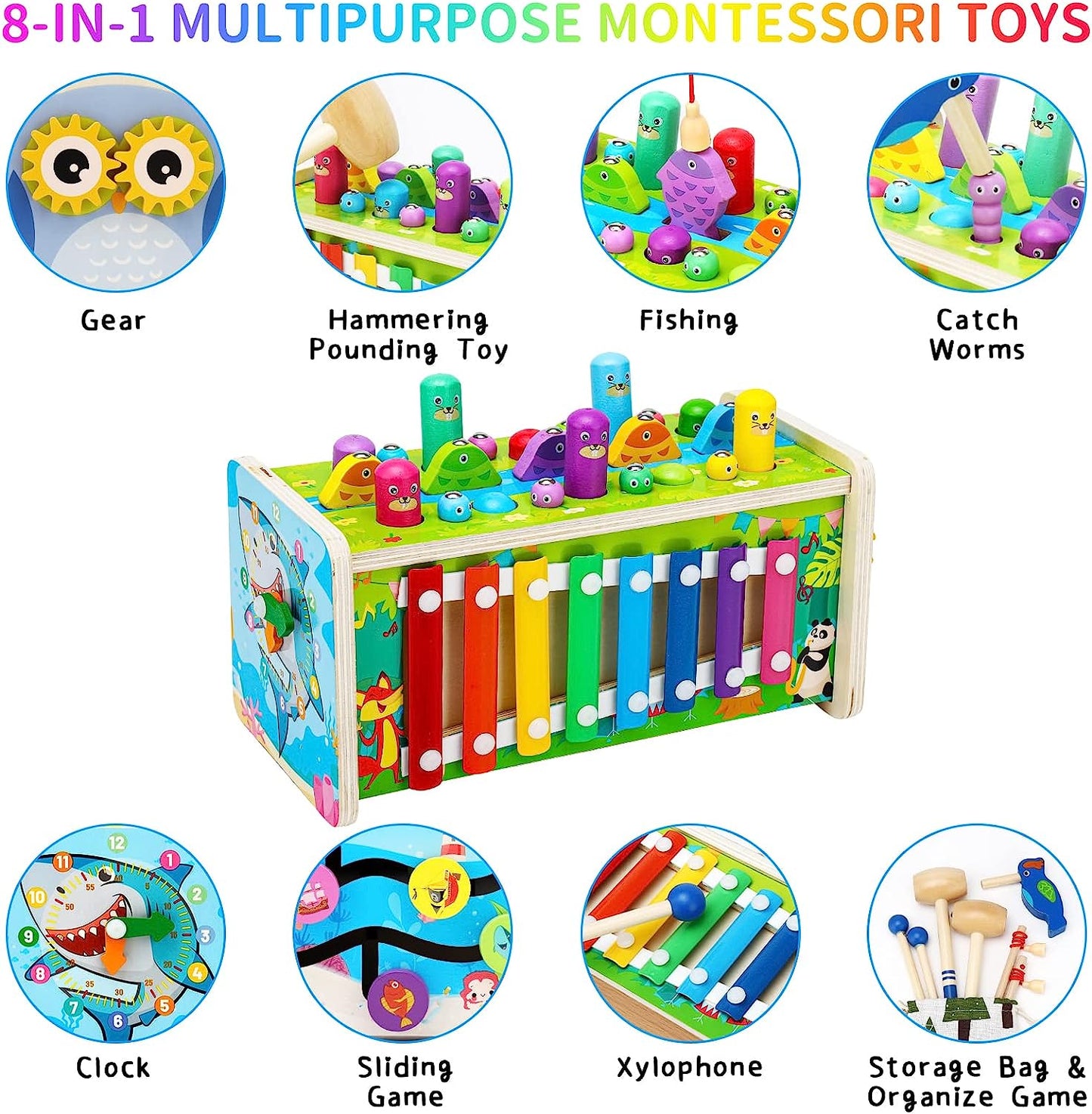8-in-1 Wooden Hammering Pounding Toys for 1 2 3 4 Year Old Boys and Girls, Wooden Toys for Babies, Whack a Mole Game with Xylophone and Fishing Game Toddler Activities Gift