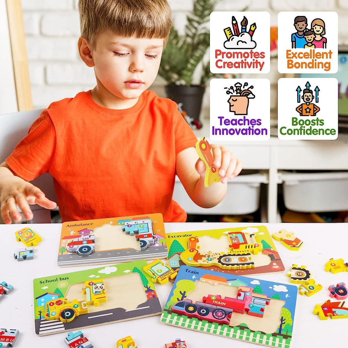 Wooden Puzzles for Kids 3-5 Years Old, 4 Pack Wooden Transportation Puzzles Toys Gift for Kids Boys Girls, Educational Learning Toys Ages 1 2 3 4 5