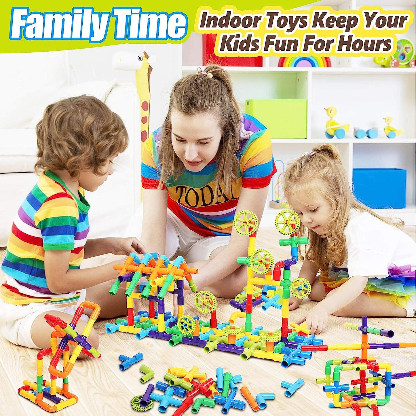 175 Piece STEM Building Blocks, Pipe Tube Sensory Toys, Creative Tube Locks Construction Set with Wheels Baseplate, Preschool Educational Learning Toys, Present Gift for Toddler Boys Girls Aged 3+