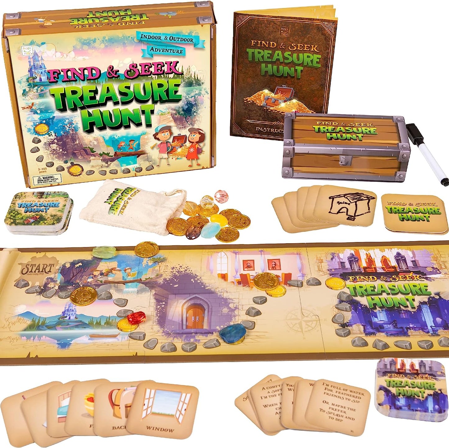 Find and Seek Treasure Hunt Family Board Game for Kids Toddler Ages 3 4 5 6 7 8 9 10 11 12 Years Old and Up - an Indoor Outdoor Scavenger Hunt Game for Boys and Girls