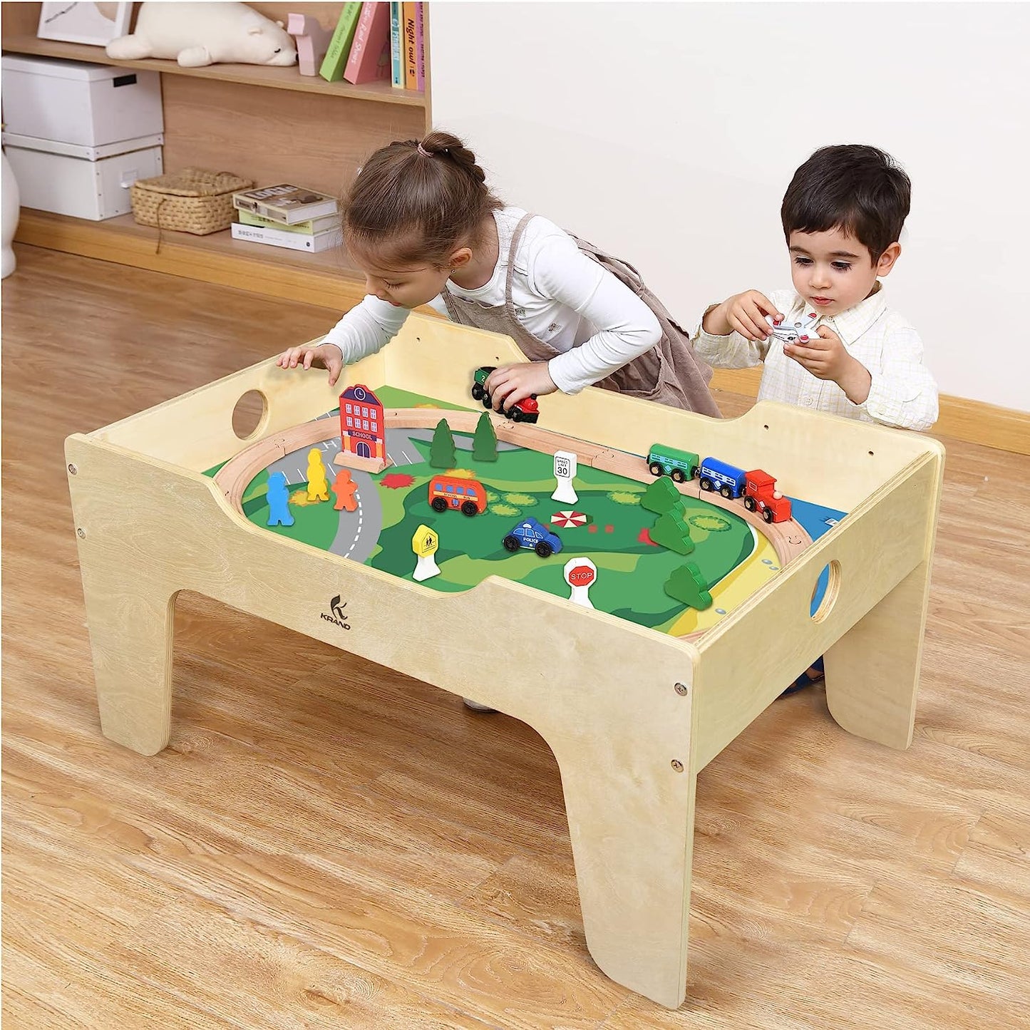 Kid's All-in-One Activity Play Table with 290 Building Bricks and 30-Piece Wooden Train Set Railway,Cars,Track and Accessories for Toddlers Boys and Girls Children's Toy Playset Game Desk
