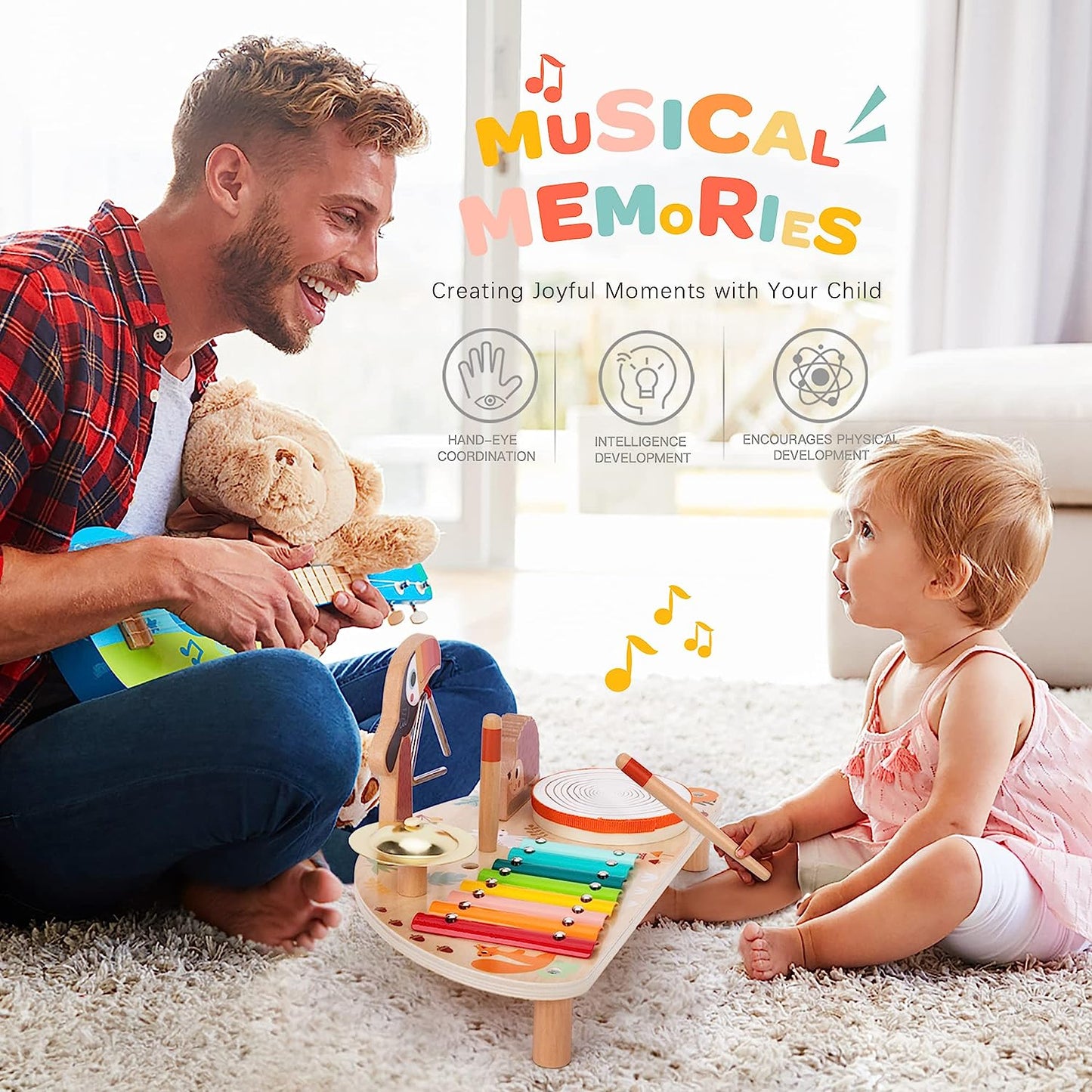 Toddlers Toy Musical Instruments, Drums, Xylophone 5-in-1 Wooden Set Music Toy for Baby