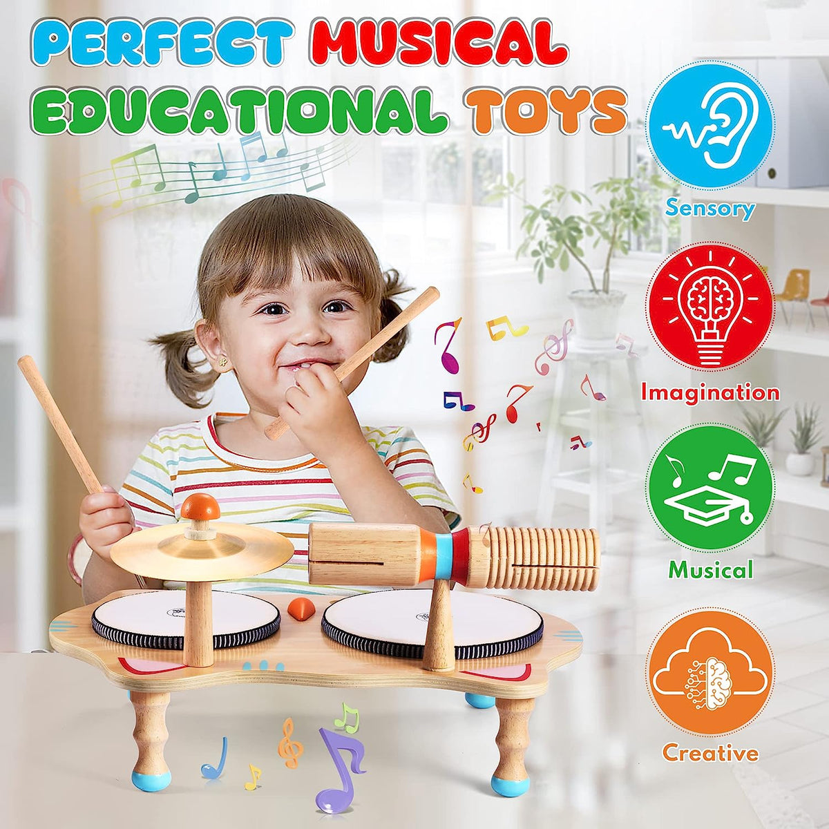 Kids Drum Set, Baby Musical Instruments Toys for Toddlers , 6 in 1 Wooden Musical Table Top Drum Kit Play Set, Educational Percussion Drum Sensory Toys Toys for Kids