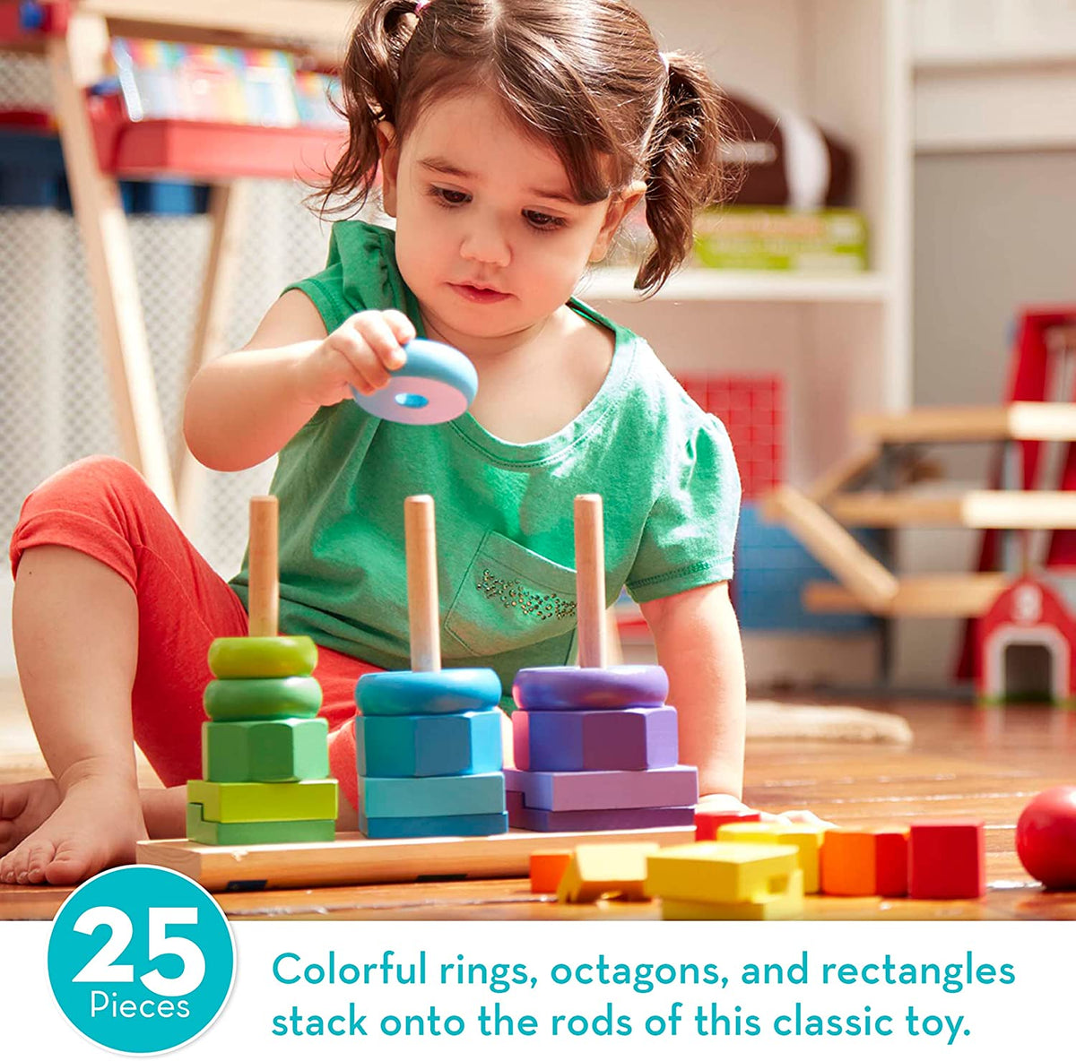 Geometric Stacker - Wooden Educational Toy - Shape Sorter And Stacking Toy, Stacking Tower Toy For Babies, Toddlers And Kids Ages 2+