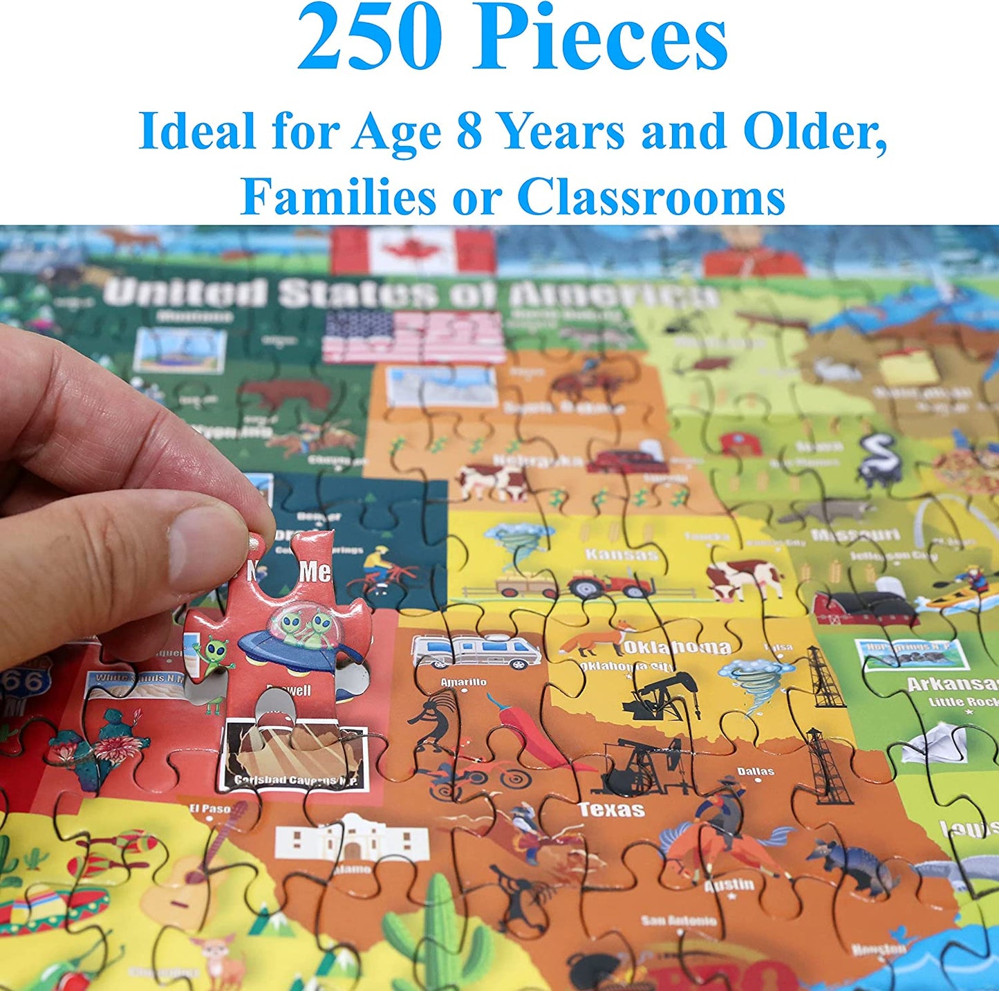 United States Map 250 Pieces Jigsaw Puzzle Fun Educational Toy for Kids, School & Families. Great Gift for Boys & Girls Ages 8+ to Stimulate Learning of USA. Size: 14.2” X 19.3”