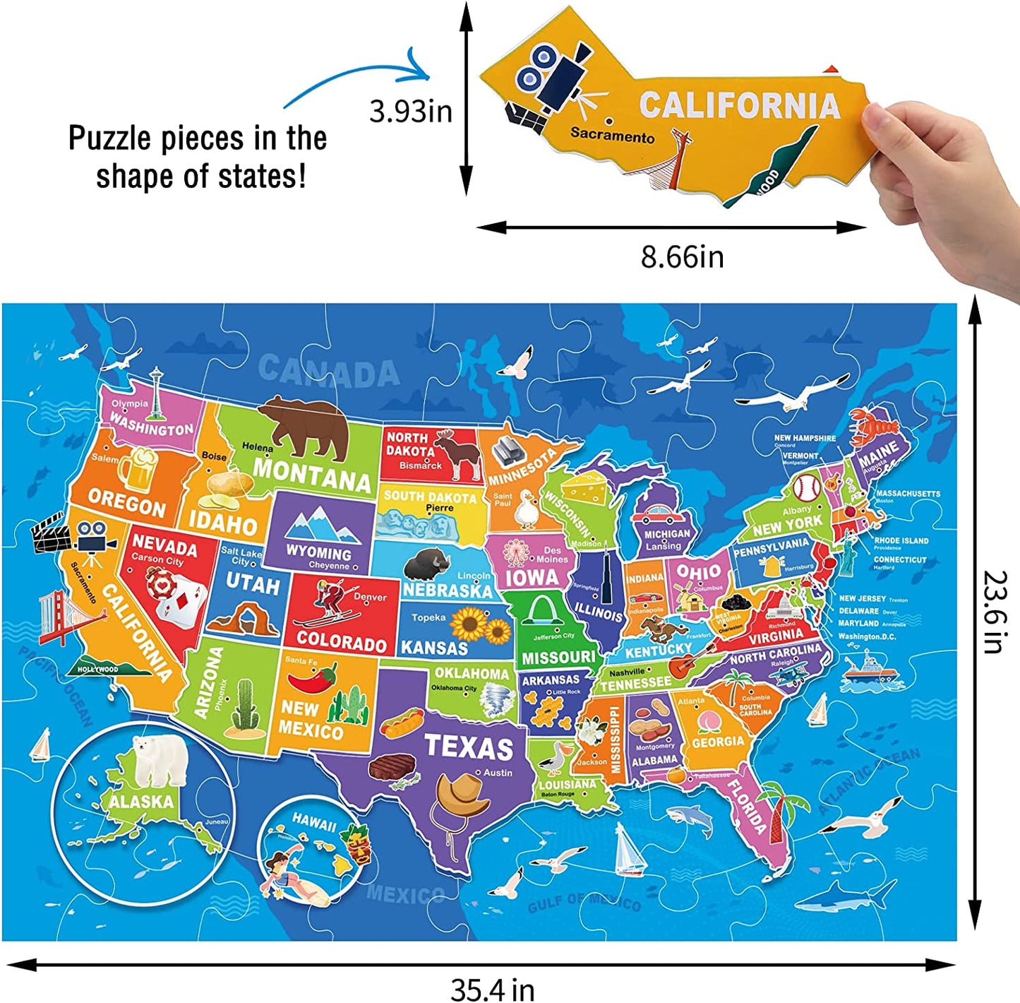 Jumbo Floor Puzzle for Kids,USA Map Puzzle Jigsaw Geography Puzzles,70 Piece US Map Puzzle 50 States with Capitals,United States Puzzle for Ages 3-5,Preschool Learning Toys Gift for 4-8 Years Old