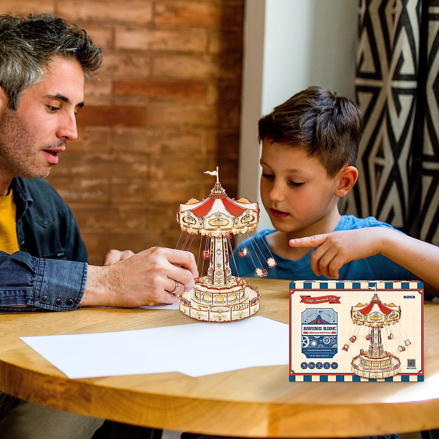 3D Puzzles Wooden Music Box Kit with LED, Rotating Swing Ride Mechanical Model Kit DIY Wood Craft Hobbies Kit for Adults Birthday for Boys/Girls