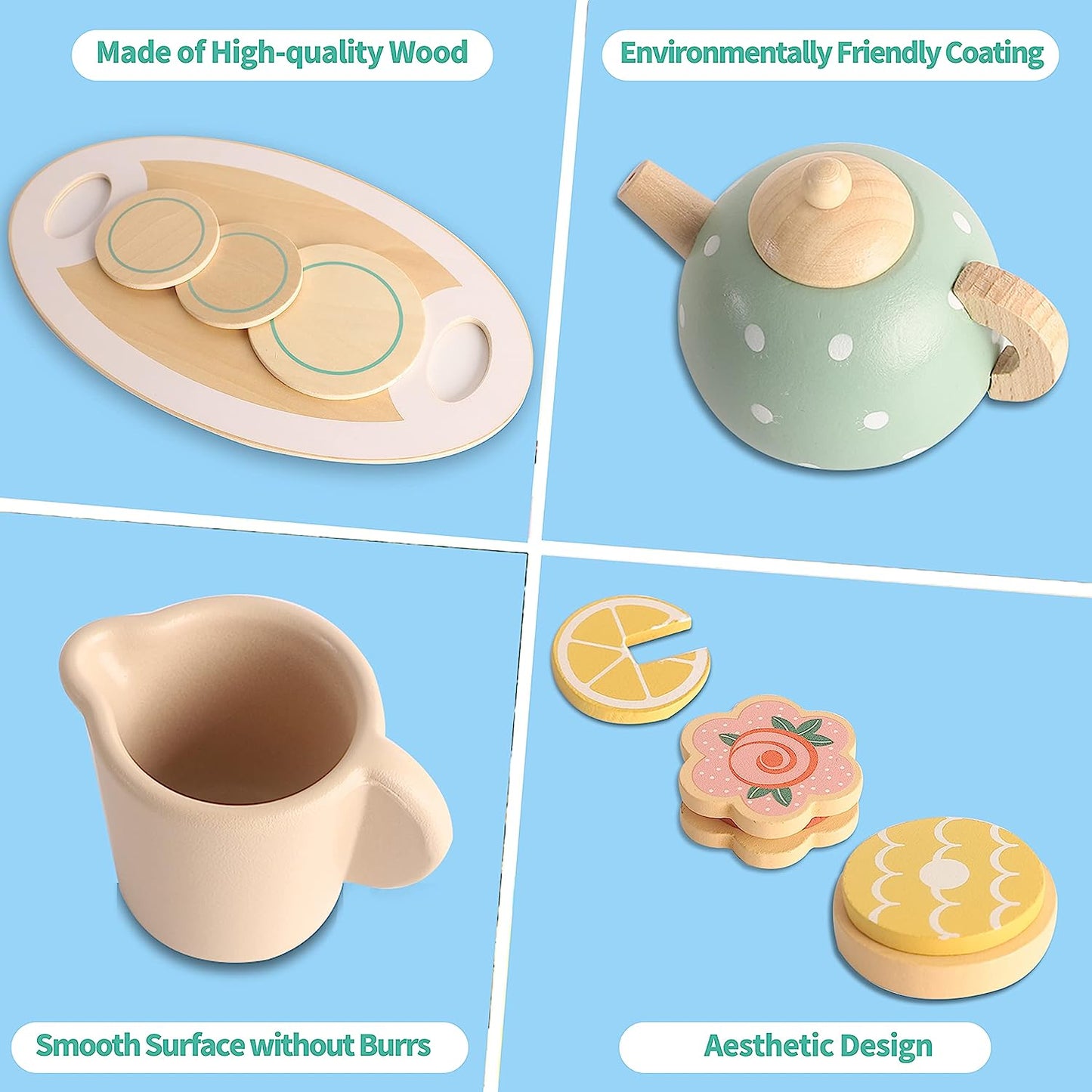 Wooden Tea Set for Little Girls,15pcs Toddlers Tea Party Set for Preschool Children,Early Educational Kitchen Play Food Toys Tea Set for Kids