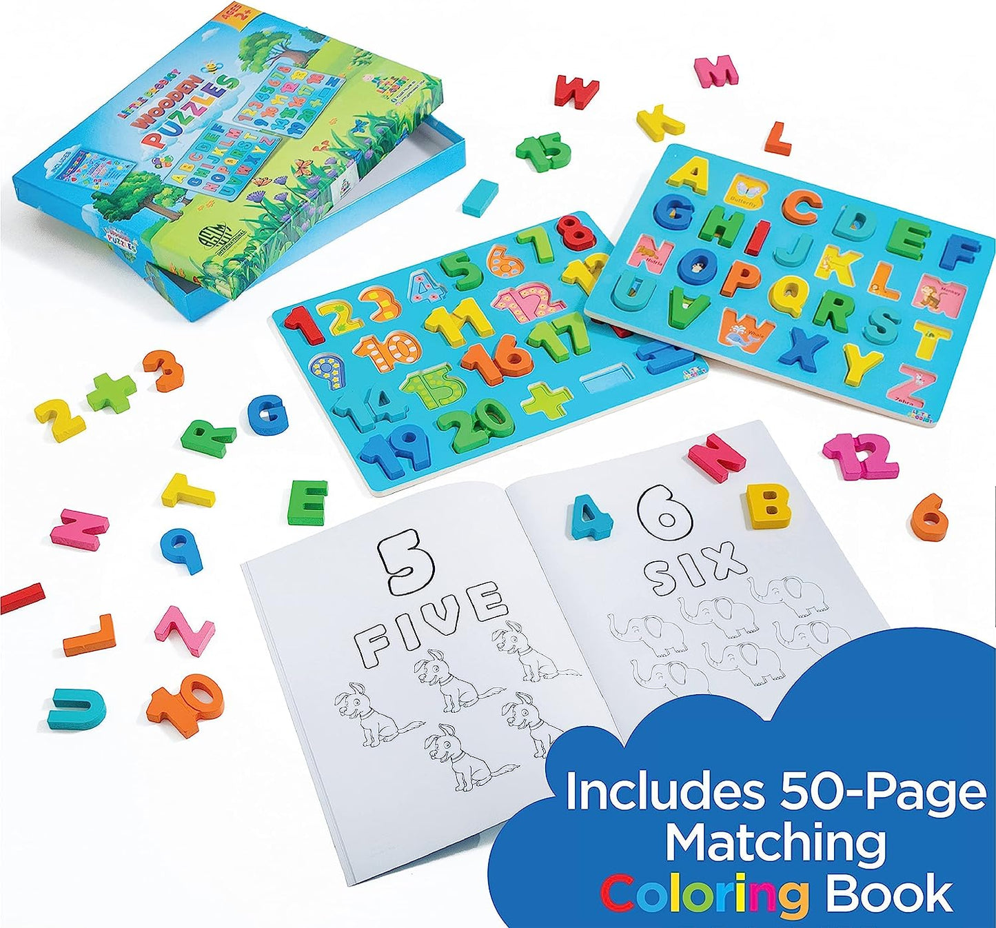 Wooden Puzzles for Toddlers 1 2 3 4 Year Old Girls & Boys, Sensory Toys, Bright Vibrant Colors, Educational Learning Toys, 2 Puzzles +Gift Box + 50-Page Matching Coloring Book