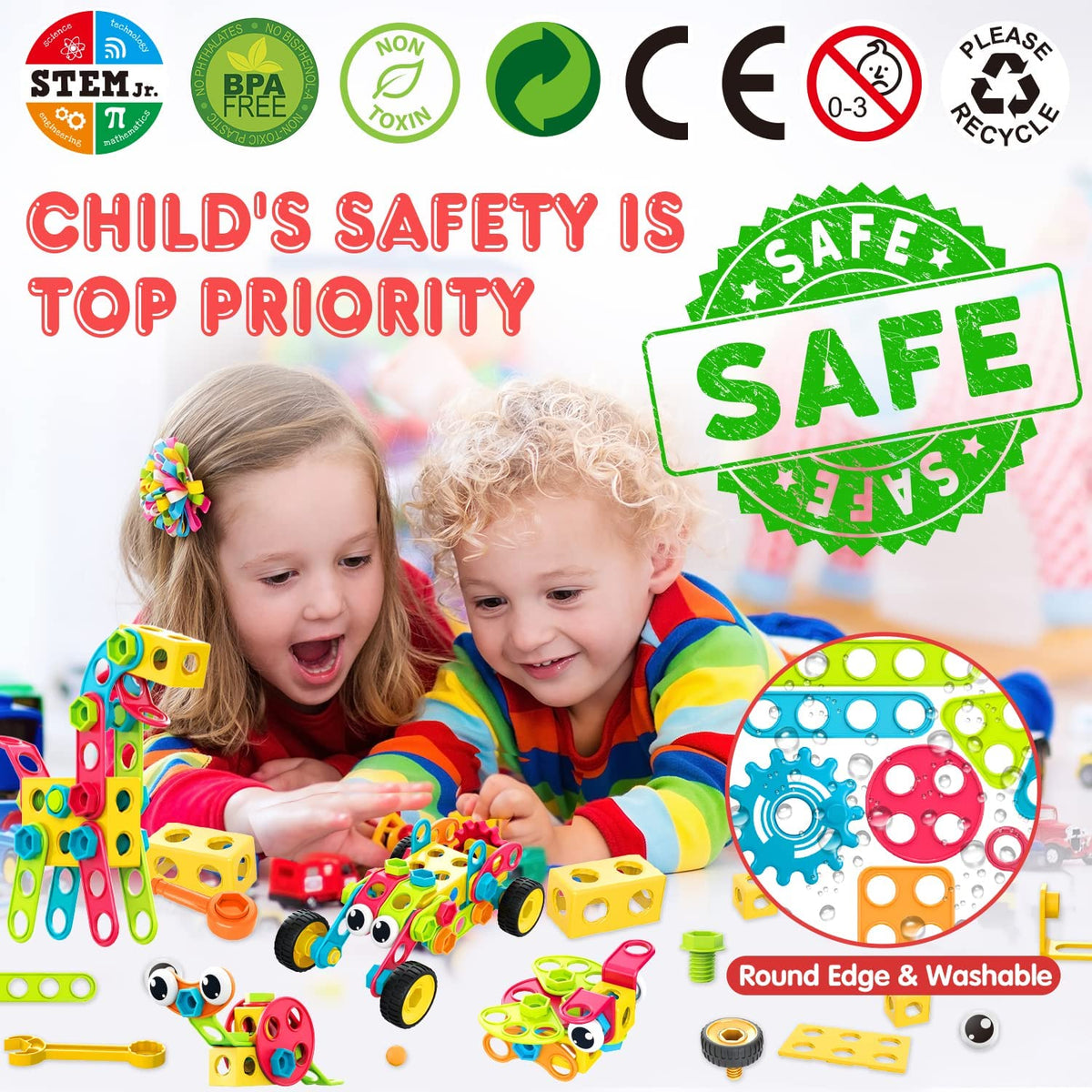 STEM Toys 195 PCS Building Toys Educational Toys for Boys and Girls Ages 3 4 5 6 7 8 9 10 Construction Building Blocks Toy Building Sets Kids Toys Creative Activities Games with Storage Box