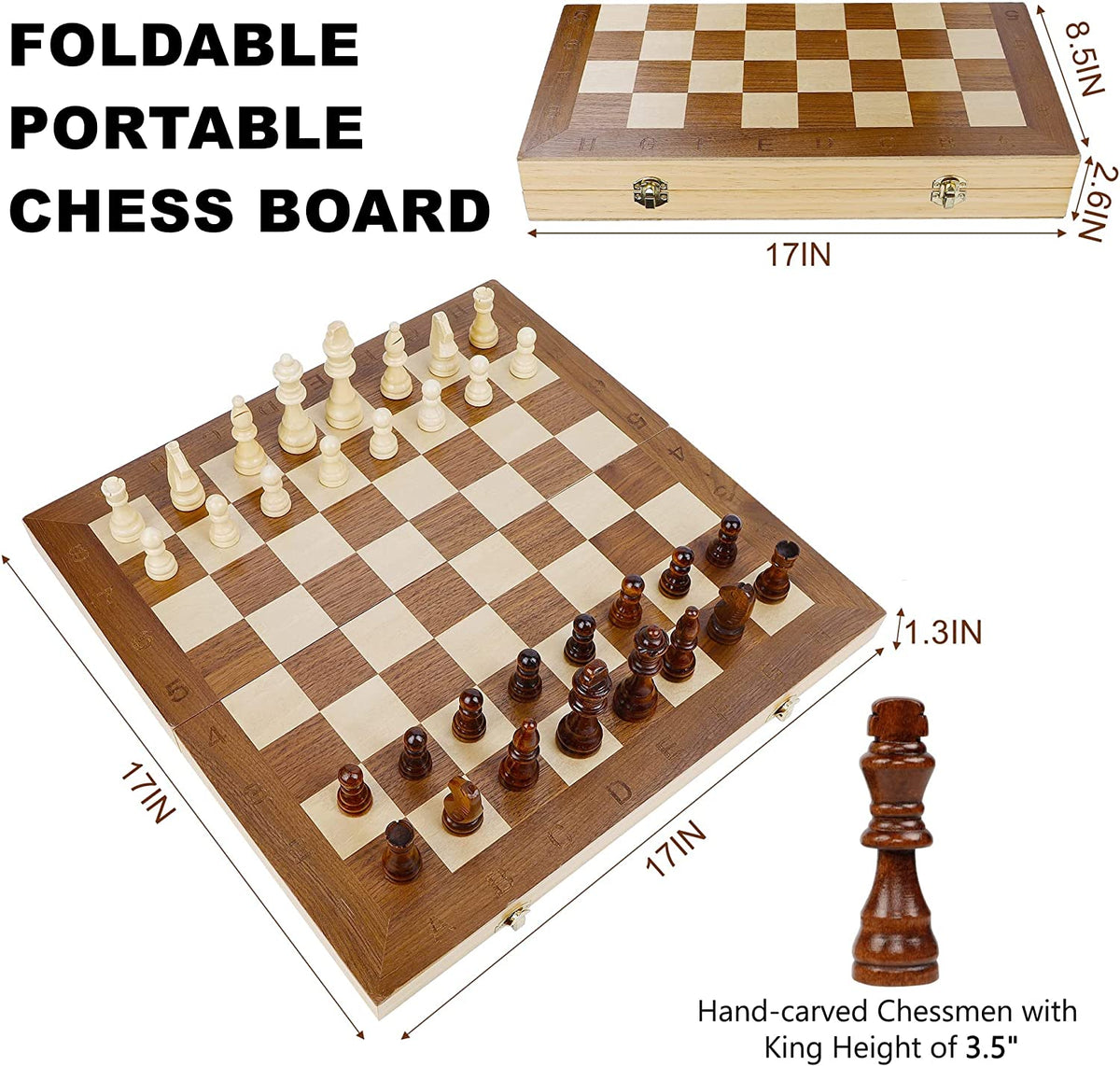 17" Wooden Chess & Checkers Set, 2 in 1 Board Games for Kids and Adults, with Felted Game Board Interior for Storage, Travel Portable Folding Chess Game Sets, 2 Extra Queen, 24 Checkers Pieces