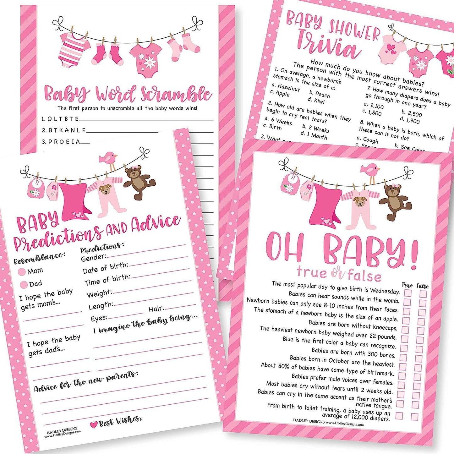 50 Pink Baby Shower Games For Girls - 4 Games Double Sided, Baby Prediction And Advice Cards, Baby Trivia, True Or False Baby Shower Game, Baby Word Scramble Baby Shower Game To Play