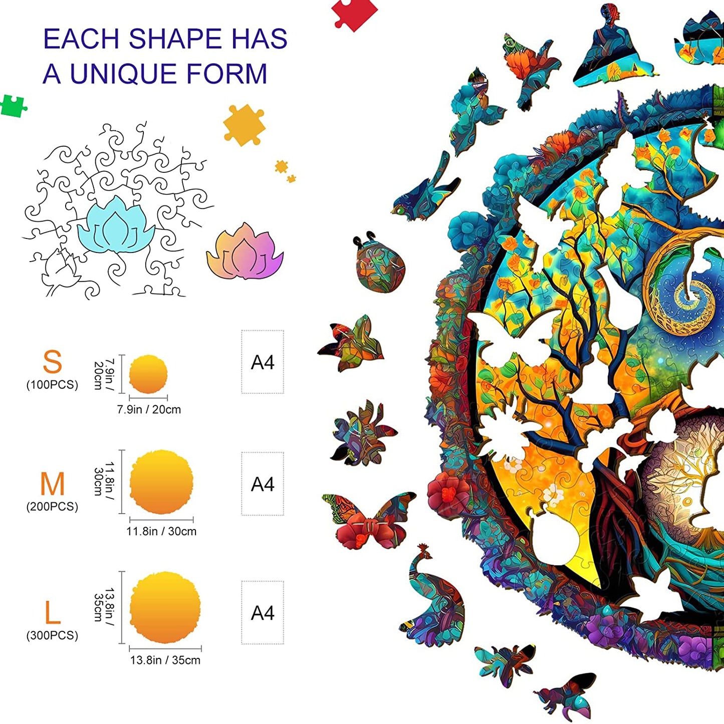 Wooden Jigsaw Puzzles-Wooden Puzzle Adult Unique Shape Advanced Yinyang Wooden Jigsaw Puzzle for Adult, Challenging Unique Shaped Jigsaw Puzzle 7.9 * 7.9in 100pcs