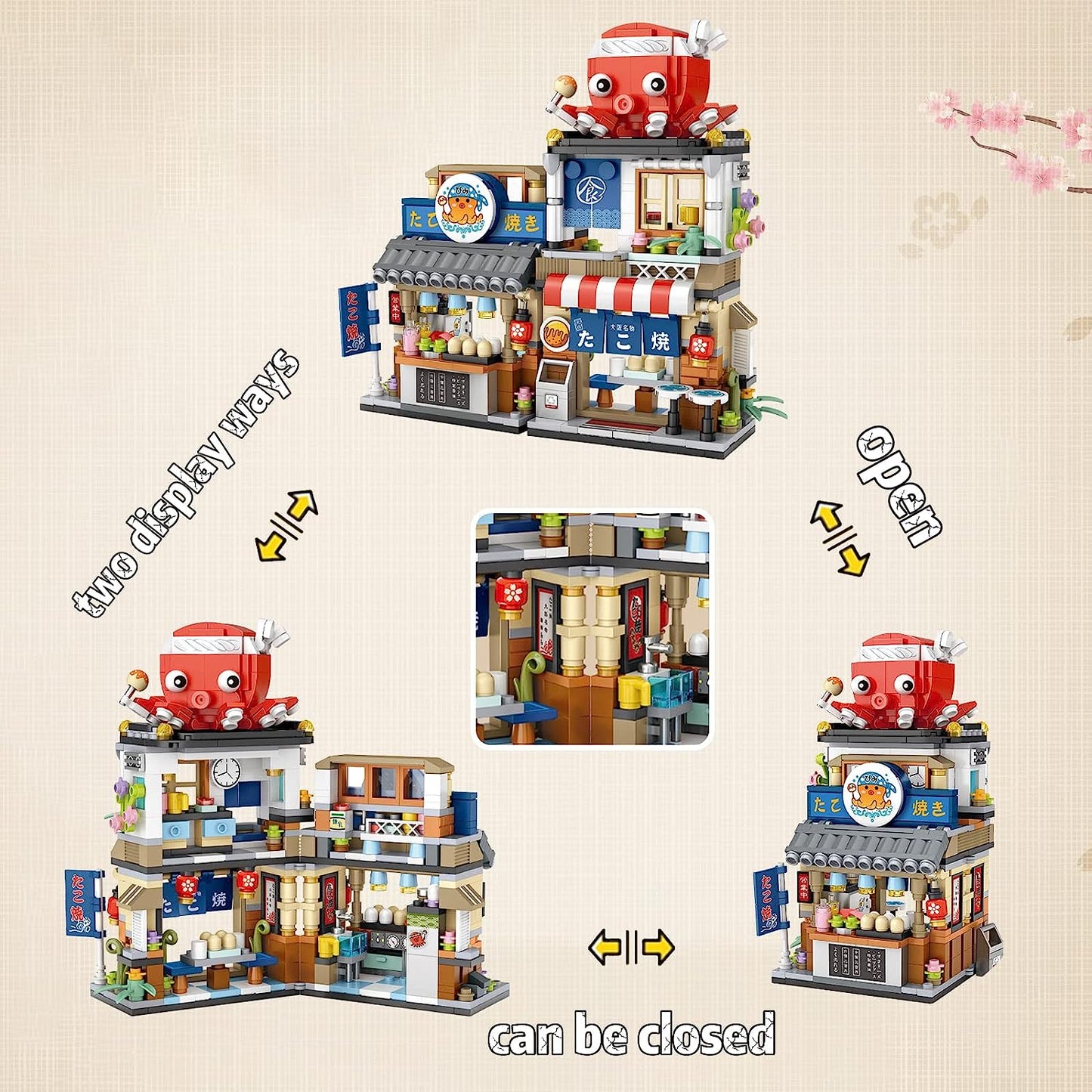 Takoyaki Shop Street View Japanese Style Building Blocks, 722 PCS House Building Model Kits for Boys Girls 6-12 Years Old, MOC Creative Toys Mini Building Blocks for Kids Adults, Gift Ideal for Child