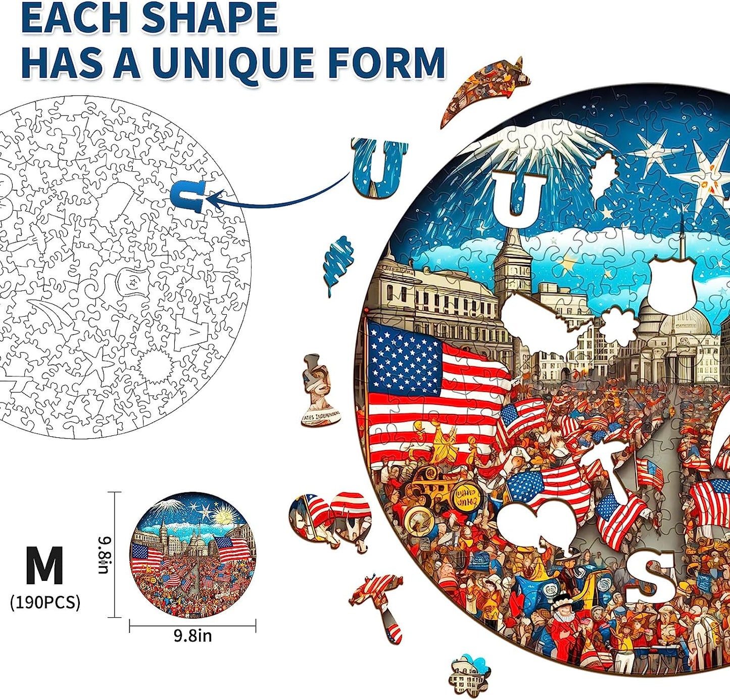 Wooden Jigsaw Puzzles-Wooden Puzzle Adult Unique Shape Advanced Independence Day Carnival Wooden Jigsaw Puzzle for Adult, Family Puzzles 9.8 * 9.8in 190pcs