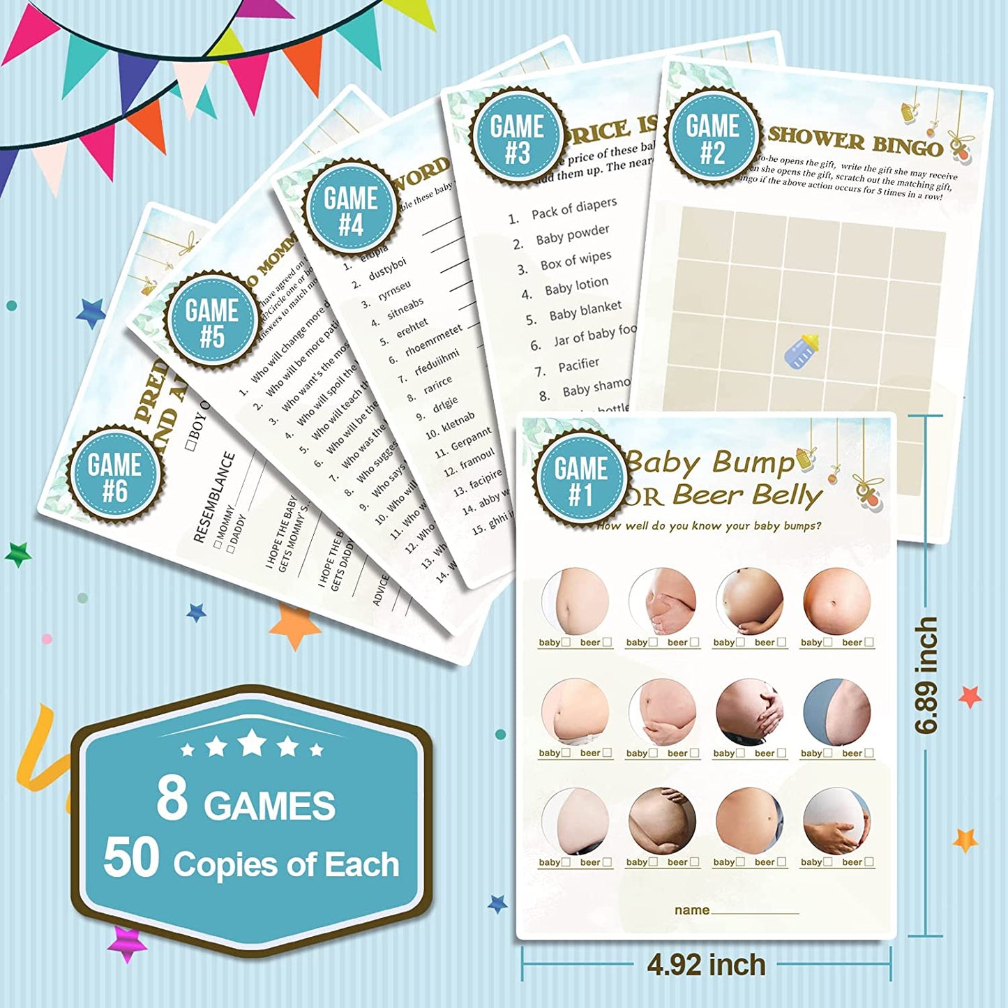 Baby Shower Games Set-8 Game,Fun,Hilarious and Easy to Play,Includes Baby Shower Bingo,Price is Right,Word Scramble,Prediction and Advice,How Big is Mommy's Belly,Don't Say Baby and More