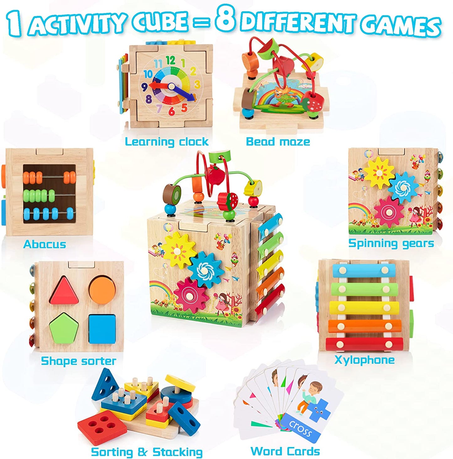 Wooden Activity Cube | 8-in-1 Toys for 12M+ Toddlers, One Year Old First Birthday Gift, Baby Toy Set with Bonus Sorting & Stacking Board