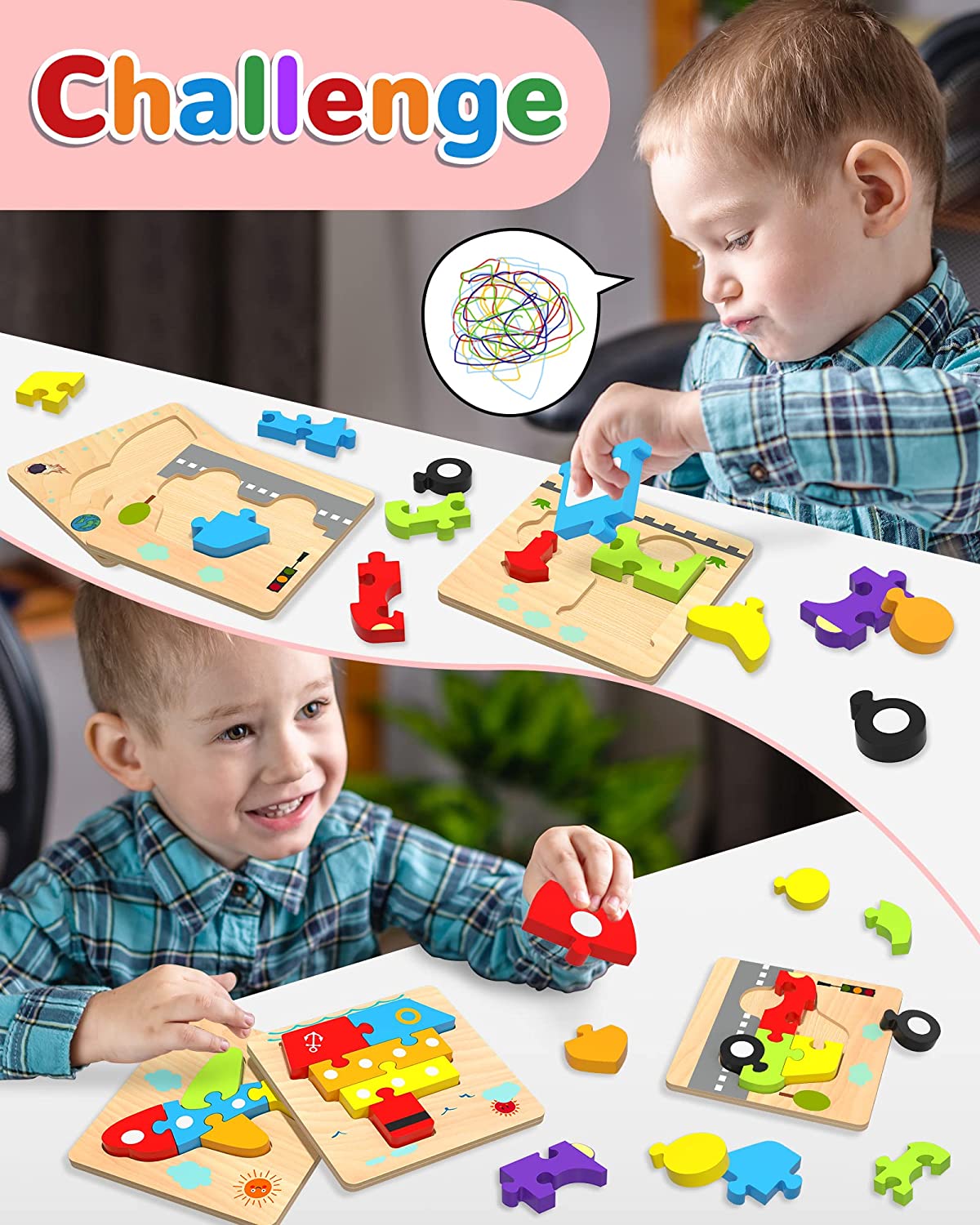 Wooden Toddler Puzzles Gifts Toys for 1 2 3 Years Old Boys Girls, 6 Vehicle Shape Jigsaw Educational Developmental Kids Toys Gift Baby Learning Travel Toy Age 1-3