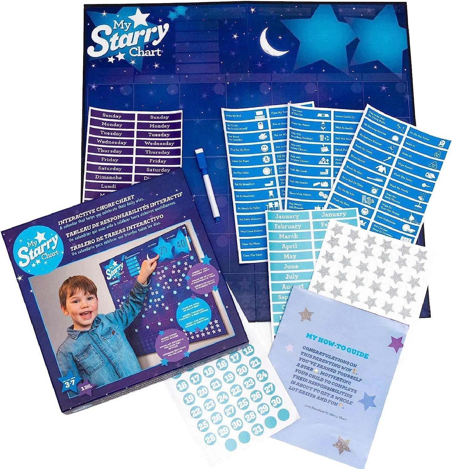 Interactive Chore Chart 3-in-1 Kid's and Pre-Schooler Calendar and Educational Skill-Building Game with Reusable Sparkly Stickers, Great for Homeschooling, Dry-erasable