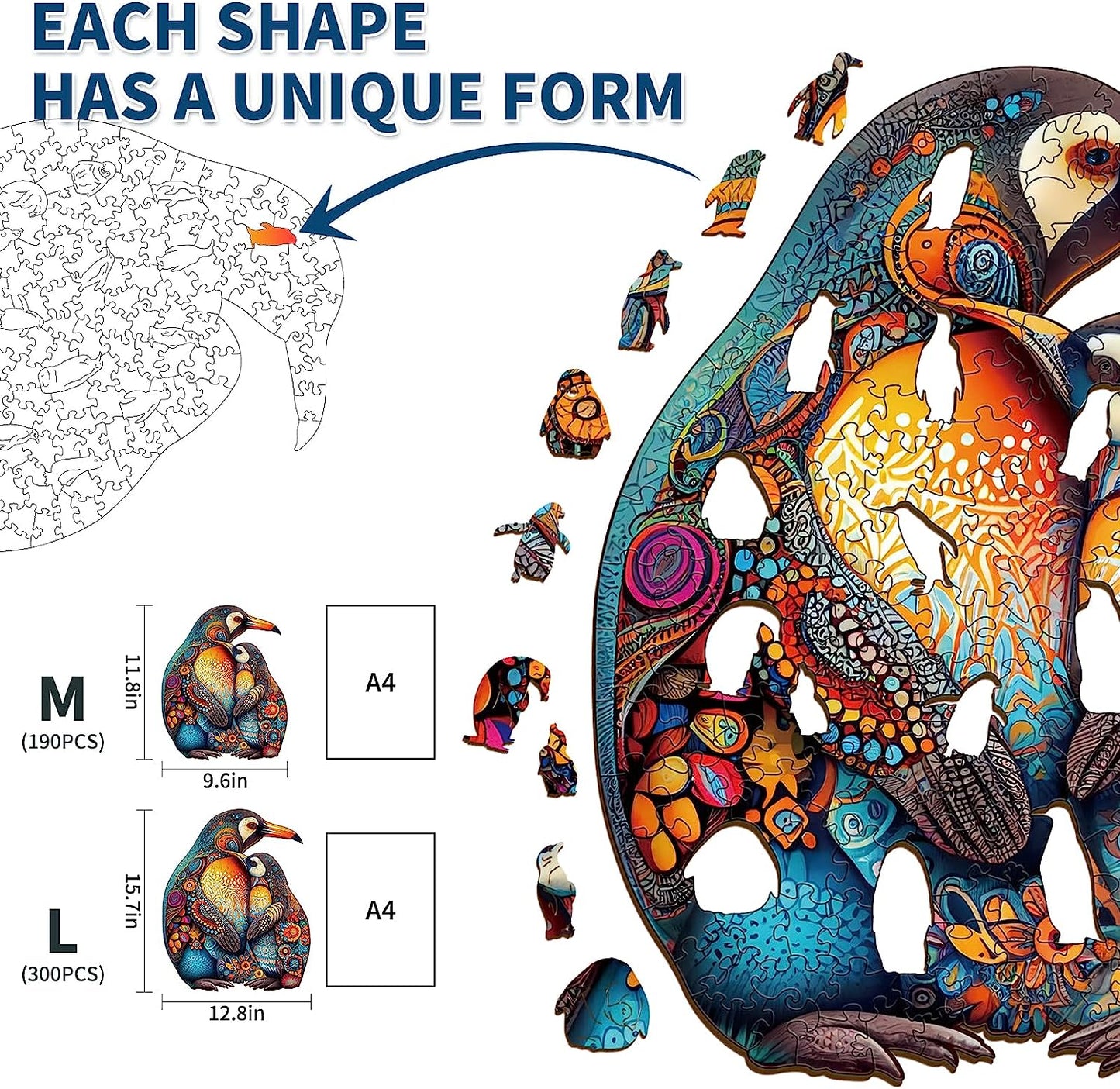 Wooden Jigsaw Puzzles-Wooden Puzzle Adult Unique Shape Advanced Penguin Wooden Jigsaw Puzzle for Adult, Family Puzzles 11.8 * 9.6in 190pcs