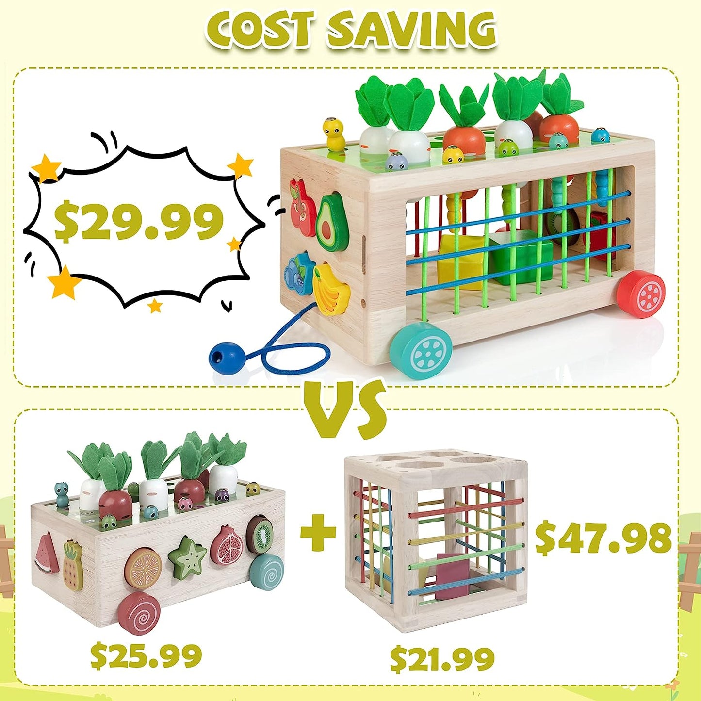 Wooden Toys for 1 2 Year Old, 6-in-1 Baby Toys 12-18 Months Shape Sorter Educational Toys, 1st Birthday Easter Gift Sensory Toys Carrot Harvest Game