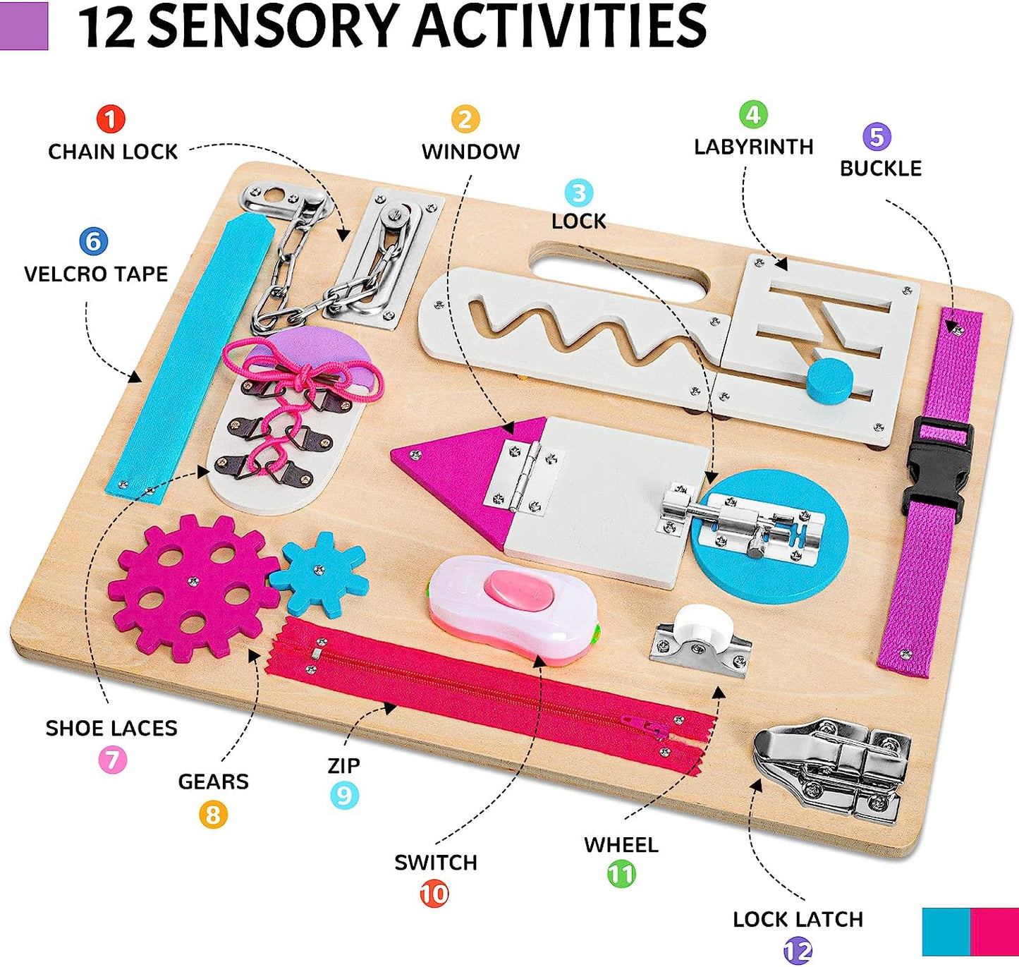 Busy Board for Toddlers, Wooden Sensory Toys, Preschool Learning Activities for Fine Motor Skills Travel Toy, Basic Life Skills Educational Gifts for 1 2 3 4 Years Old Kids Boys Girls(Pink)