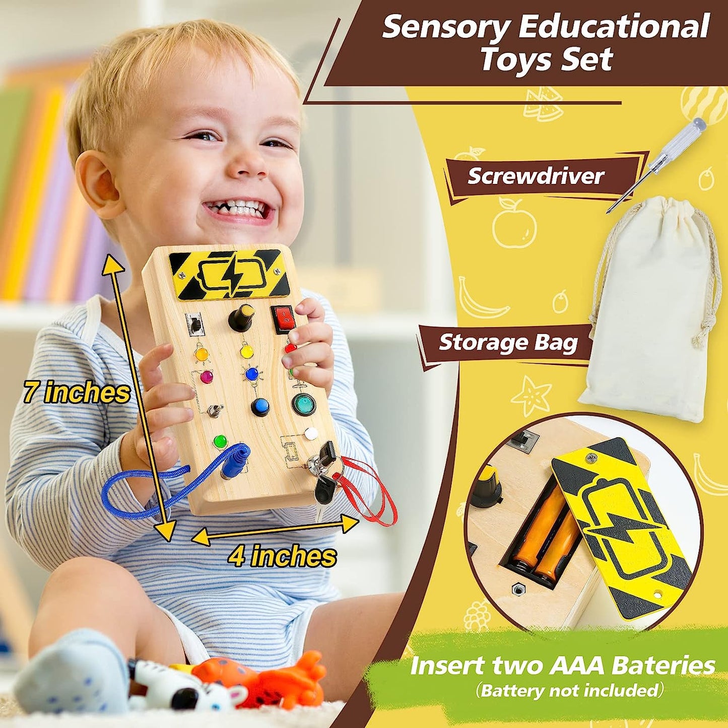 Busy Board with 8 LED Light, Toys for Toddlers 1 2 3 Year Old, Sensory Toys with Light Switches for Ages 1-3 Kids Boys Girls, Wooden Busy Board for Educational Activities, Ideal Travel Toys