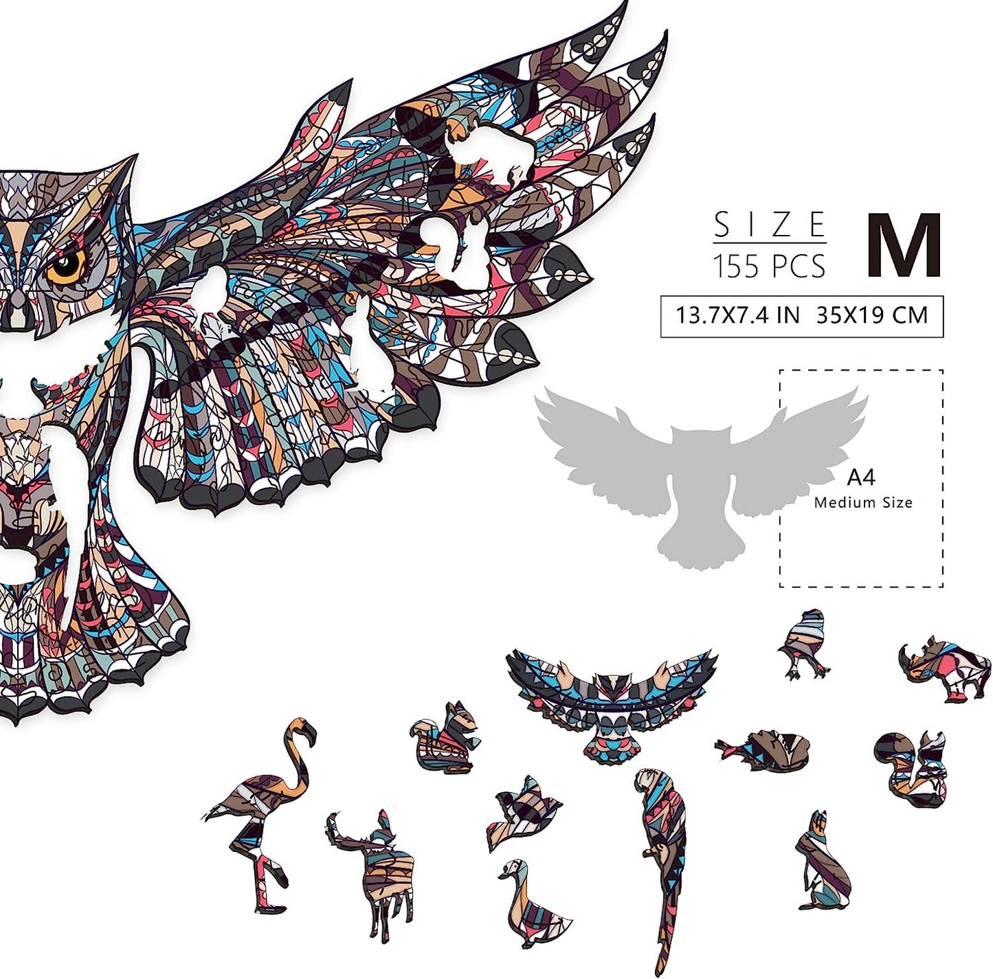 Wooden Jigsaw Puzzles, Beautiful Unique Family Animal Shape Jigsaw Puzzles 155 Pieces Best Gift for Adults and Kids, Owl Shaped Puzzle 13.7 × 7.4 in (35 × 19 cm