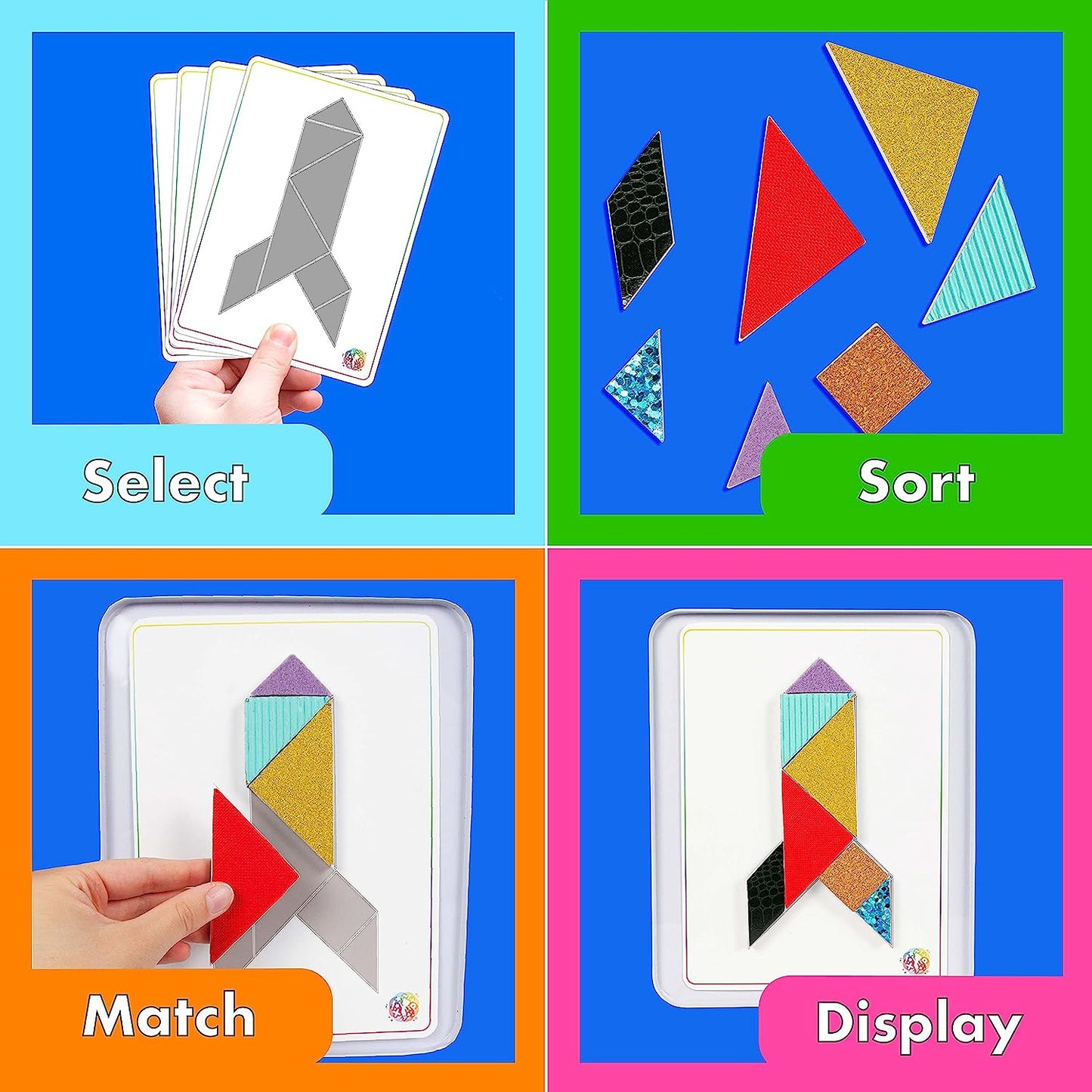 Sense & Grow Tangram Puzzles - Magnetic Pattern Blocks - 48 Patterns and 7 Textured Geometric Shapes with Metal Tin - Puzzle Games Educational STEM Toys Gift