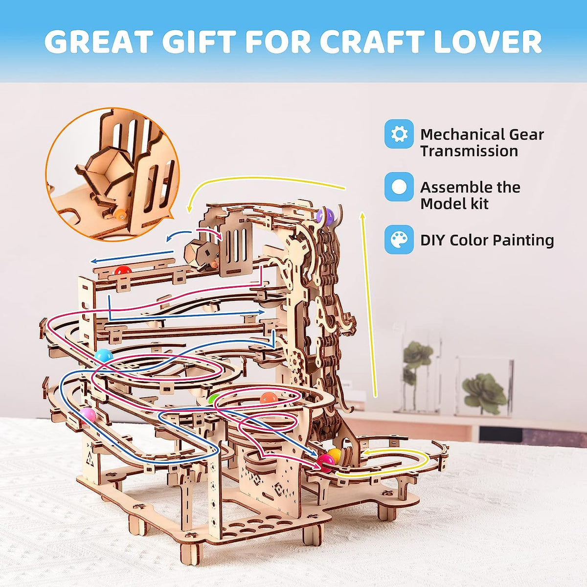 3D Wooden Puzzle Marble Running Kit - Mechanical Model Building Kit for Adults, Puzzle Brain Teaser Assembly Model, DIY Wooden Puzzle Hobby Toy Gift for Adults and Teens