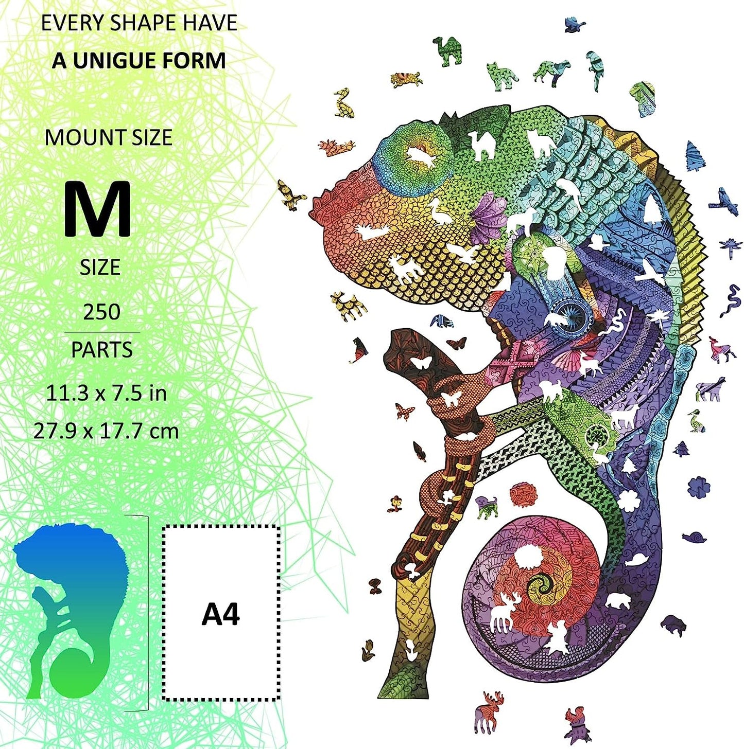 Teo&Dan Puzzles for Adults, Chameleon, Wooden Puzzles for Adults, Unique Animal Shapes, Best Gift for Adults, Adult Puzzles, Size (M) 7.5 x 11.3 inches, 250 Pieces.