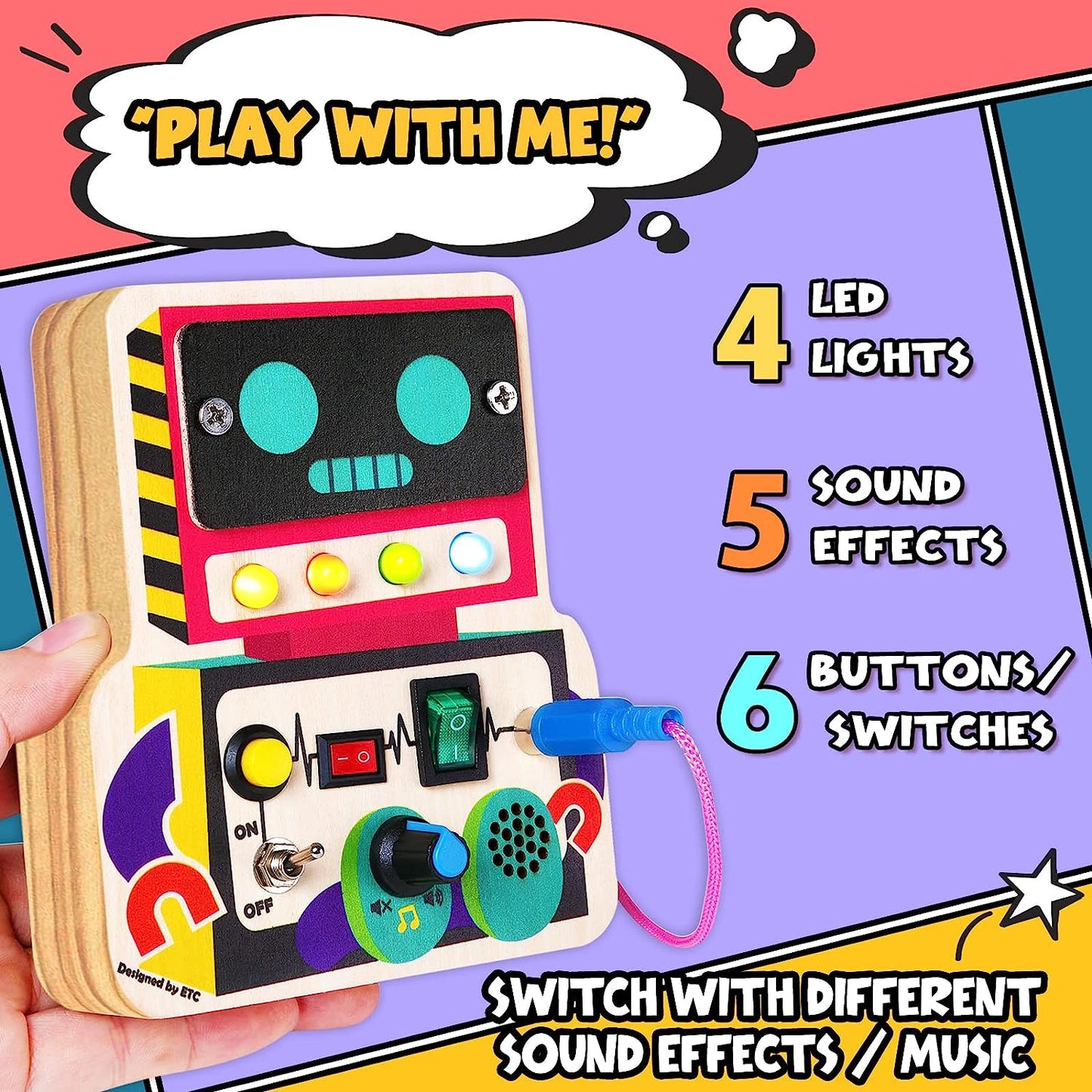 Sensory Busy Board Toddler Toys - Wooden Robot Button with Wires Sounds Travel Early Age Educational Puzzles Gift Toys LED Light for Boys and Girls from Ages 3 4 5 6 Years Old