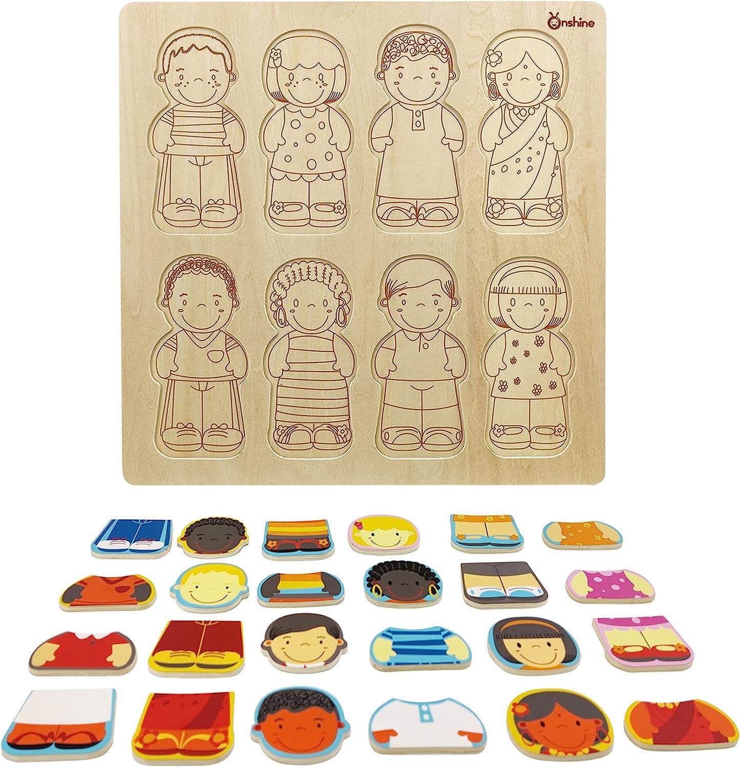 Wooden Puzzle for Toddlers 1-3, Children of The World Racial Cognition Dress-up Peg Puzzle Educational Toys, 24 Pieces Mix and Match Boys and Girls Multicultural Diversity Toys for Kids