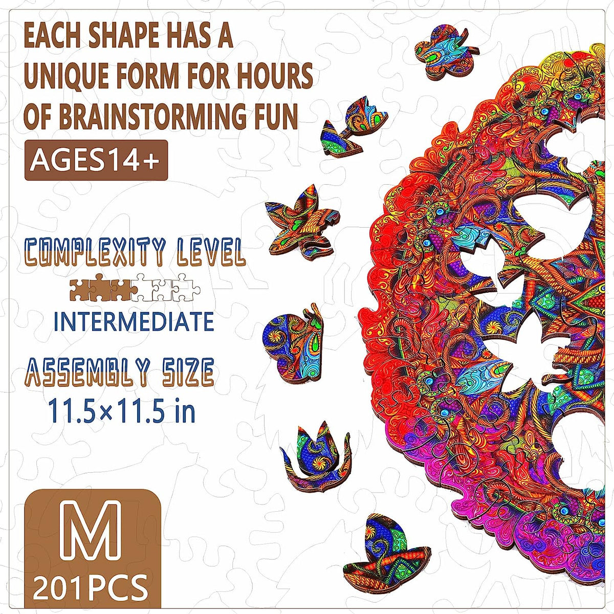 Wooden Puzzle for Adults, Mandala Wooden Puzzle Jigsaw Unique Animal Shaped Pieces, Mysterious Mandala Puzzle Best Gift for Adults, Kids, Toddlers, 201pcs (11.5×11.5 inches) Medium