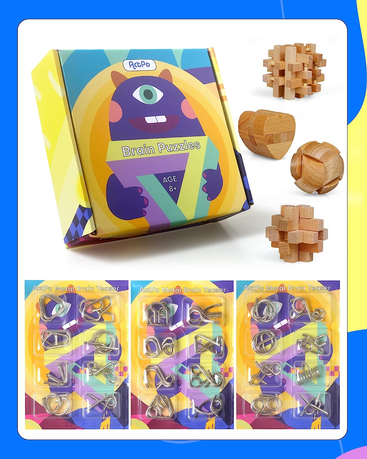 28Pcs Wooden and Metal Puzzles Gift for Kids and Adult Educational Toys Office Toys 3D Unlock Interlock Assorted Brain Teasers Puzzles Game