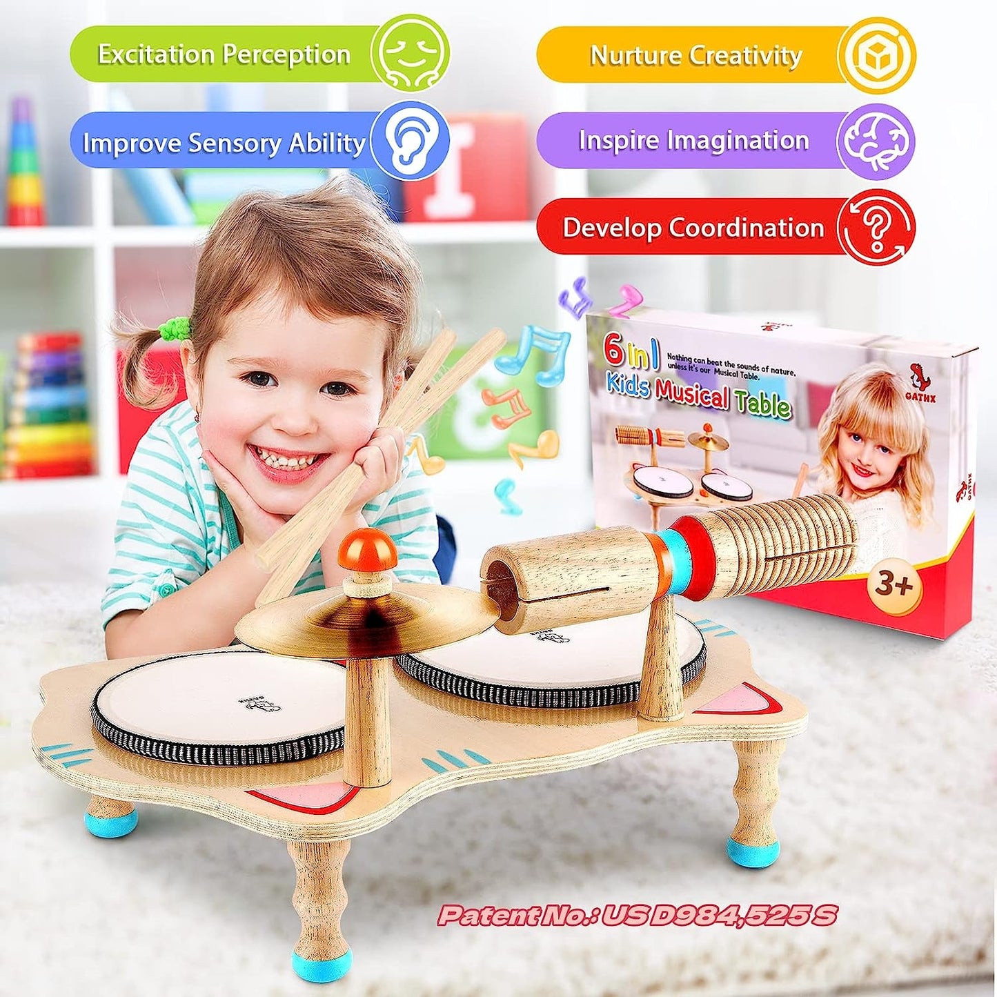 Kids Drum Set All in One Musical Instruments Set Toddler Toys Natural Wooden Music Kit Baby Sensory Toys Months Birthday Gifts for Girls Boys