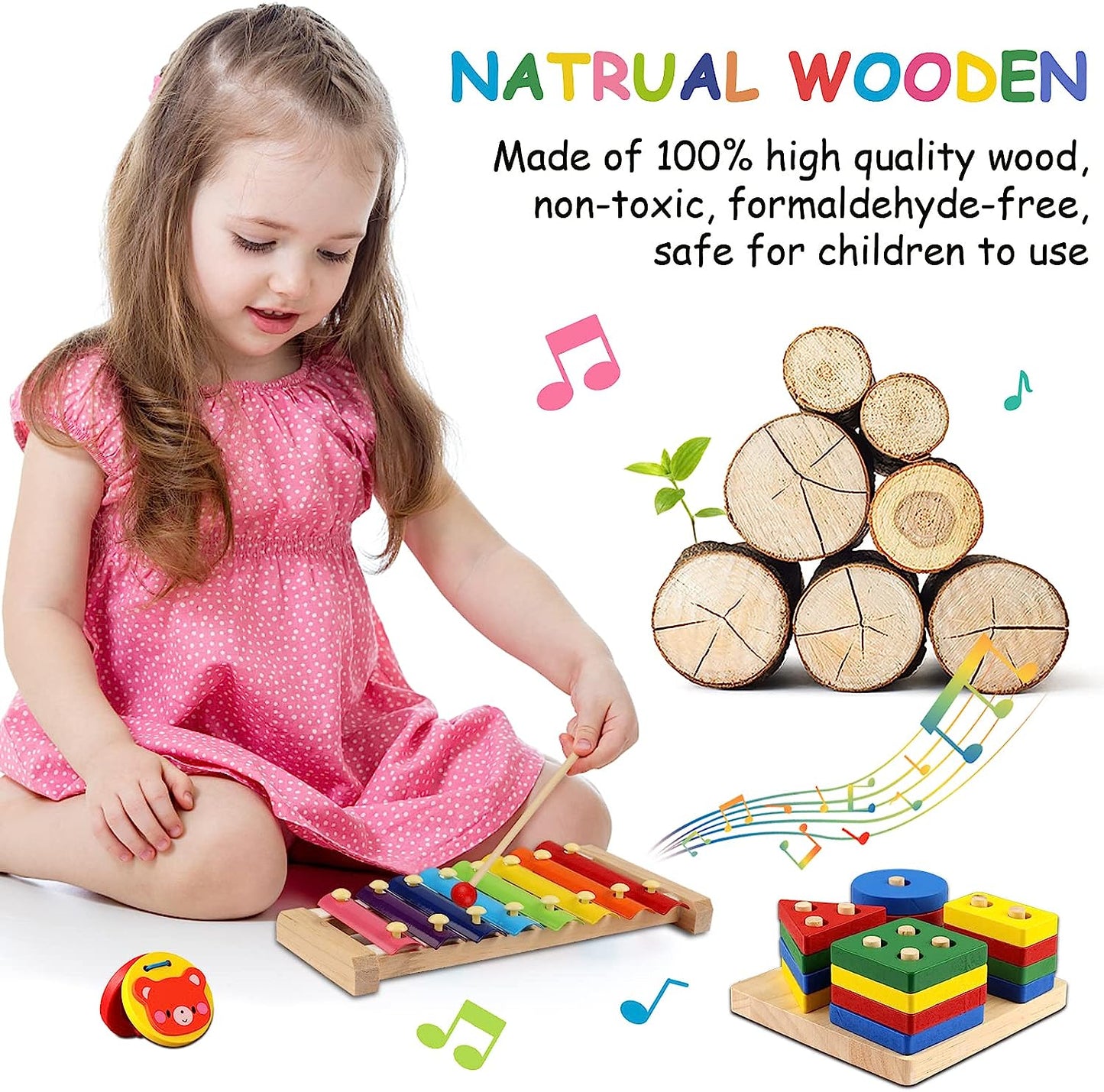 Toddler Musical Instruments for Kids,Baby Musical Toys Preschool Educational Wooden Percussion Instruments Toddler Toys with Bag for Boys and Girls