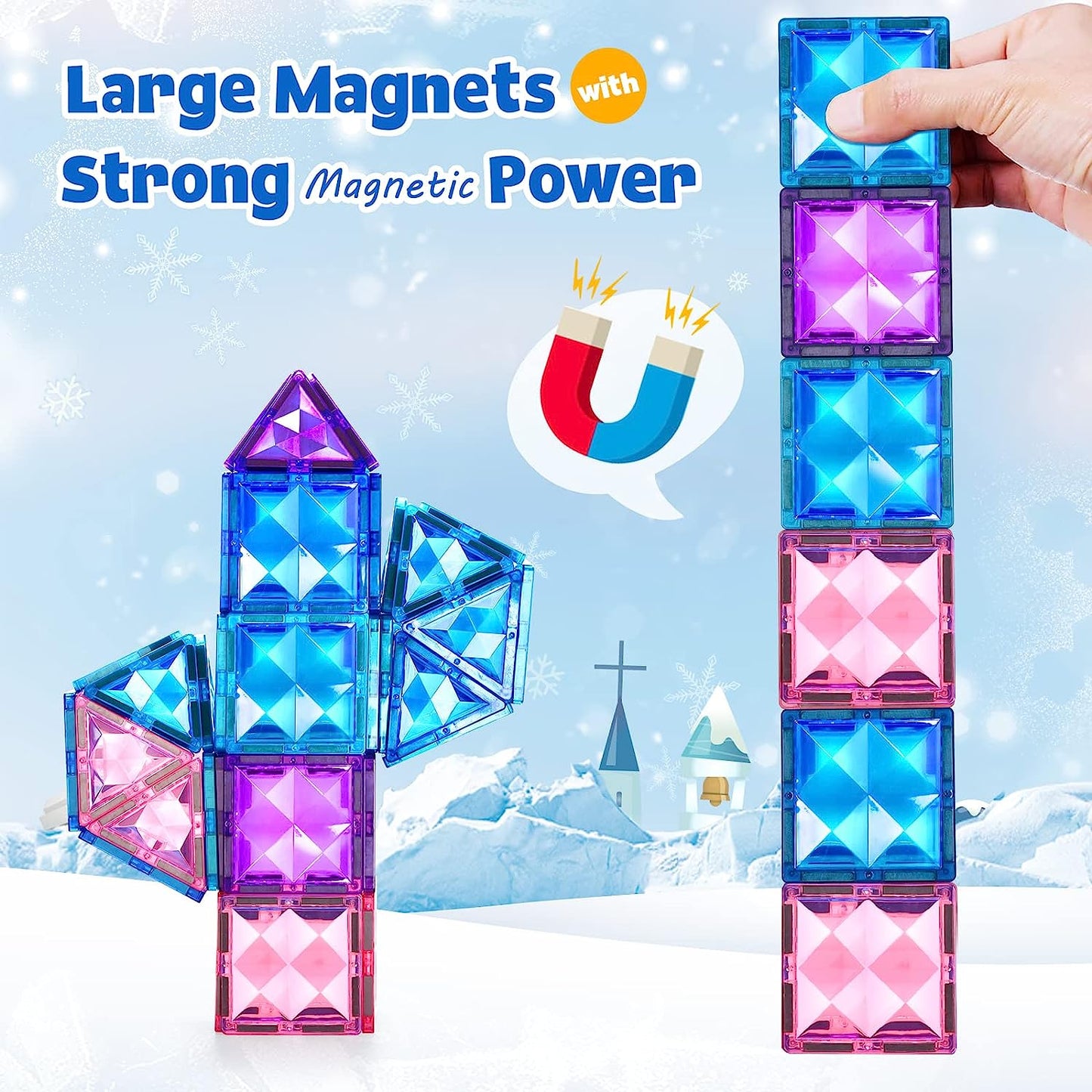 102pcs Frozen Castle Magnetic Tiles - 3D Diamond Building Blocks, STEM Educational Kids Toys for Pretend Play, 3 4 5 6 7 8 Year Old Girl Birthday Gifts for Your Princess and Prince