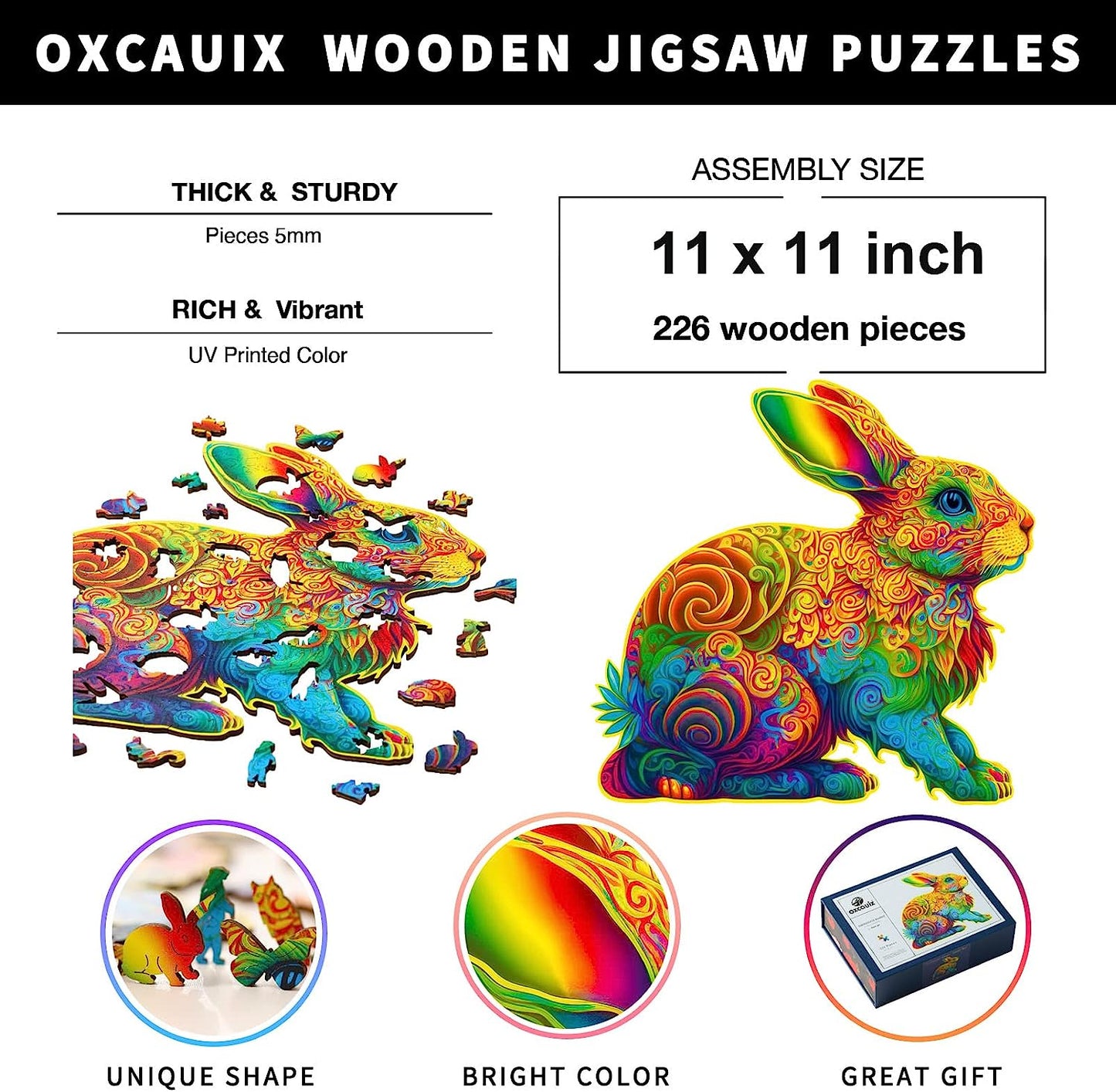 Rabbit Wooden Puzzles for Adults - 226 Pieces Unique Shape Bunny Wood Cut Jigsaw Puzzle, 11"x11", Beautiful Gift Packaging