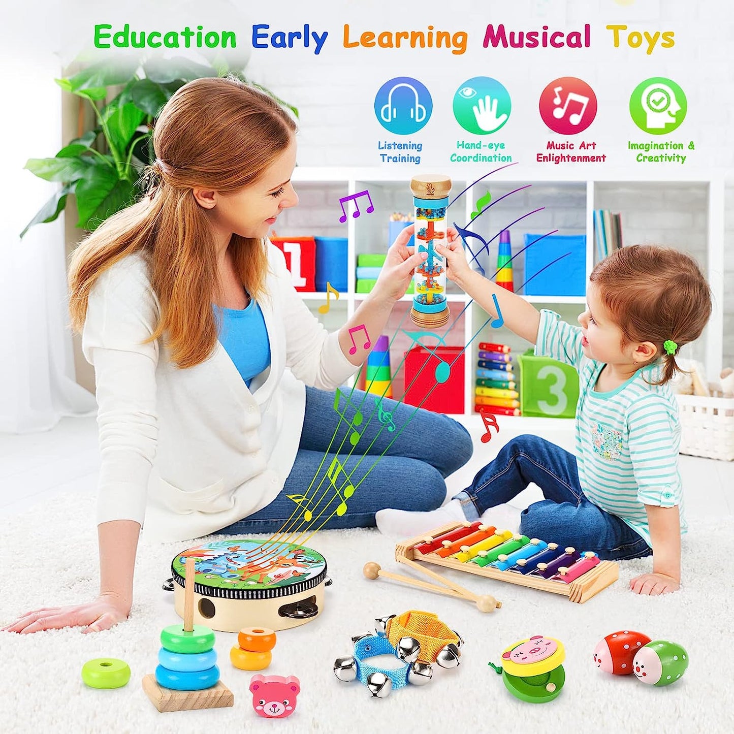 Kids Musical Instruments for Toddlers 1-3, Baby Wooden Percussion Instruments Toys Tambourine Xylophone for Kids Ages 1 2 3 4 5 6, Preschool Educational Musical Toys for Boys and Girls Gift